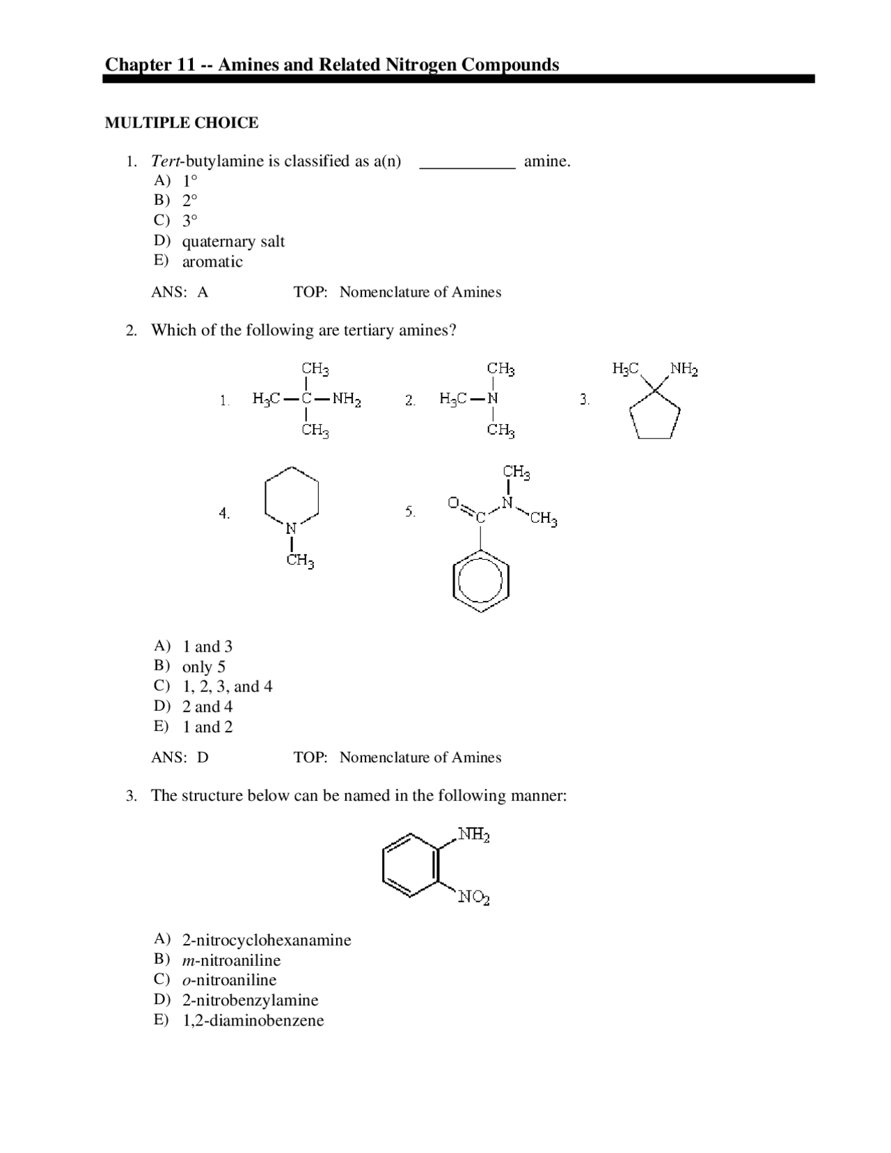 Chapter 11 Amines and Related Nitrogen Compounds Multiple Choice Questions Exercises