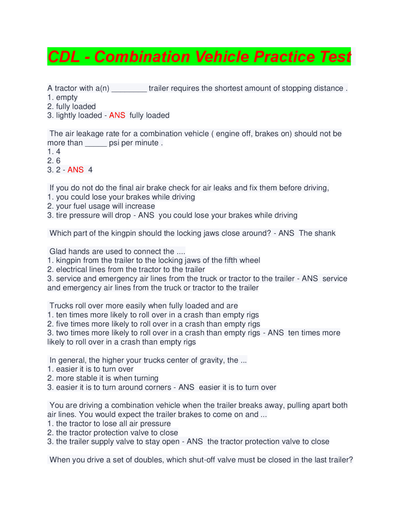 CDL Practice Test Combination Vehicle Air Brakes and Coupling Exams