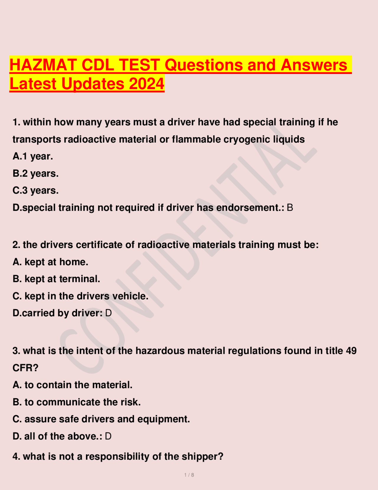 HAZMAT CDL TEST Questions and Answers Latest Updates 2024.pdf | Exams Nursing | Docsity for Free Cdl Test Questions And Answers Printable