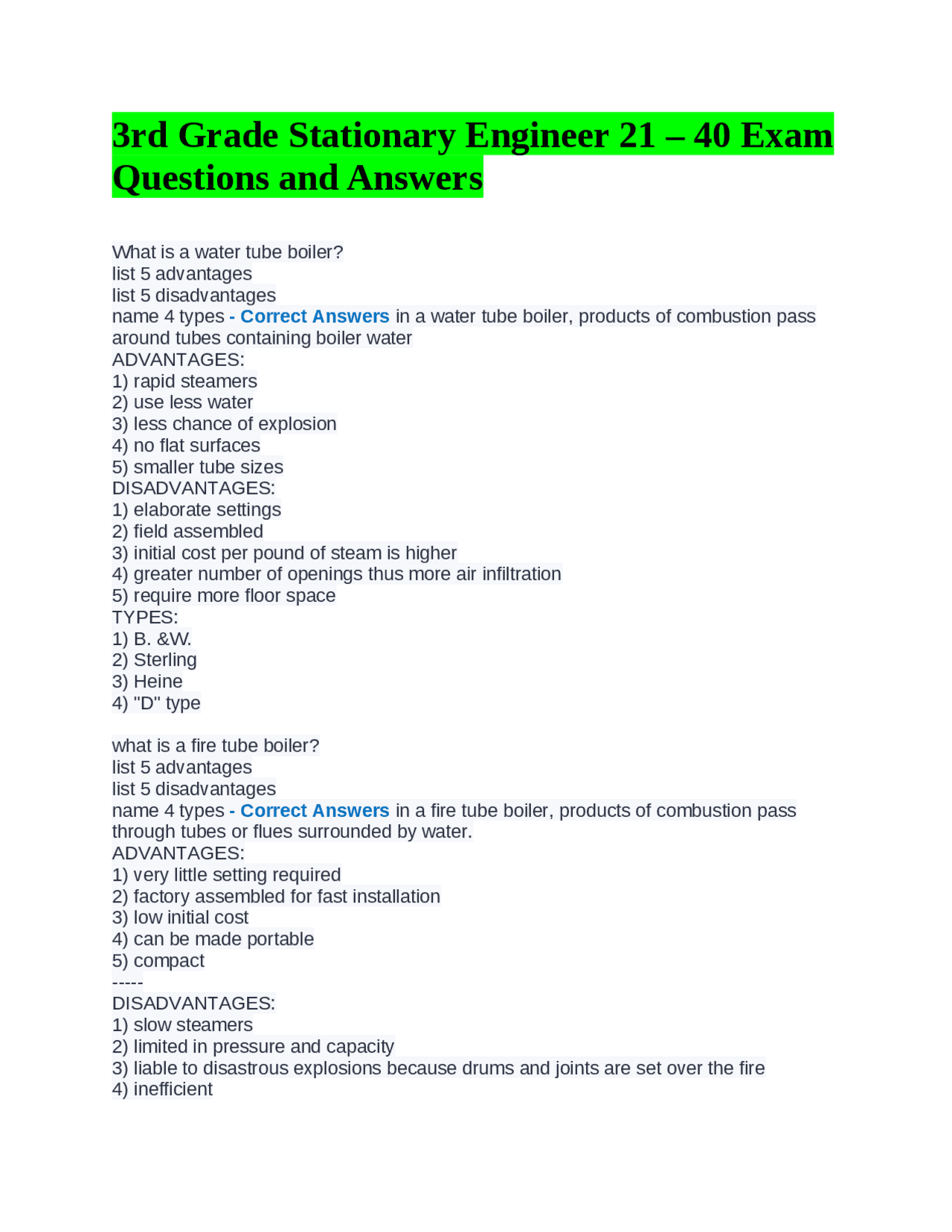 Third Grade Stationary Engineer Exam Boiler Types and Components Exams Nursing Docsity