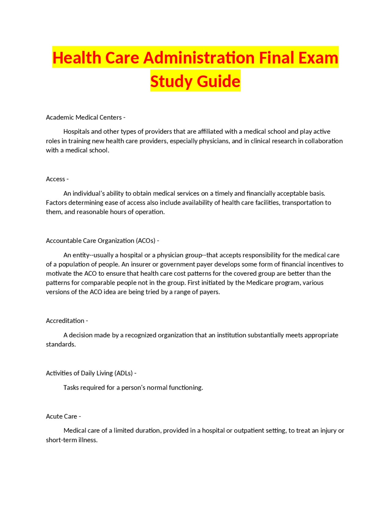 Health Care Administration Final Exam Study Guide | Exams Nursing | Docsity