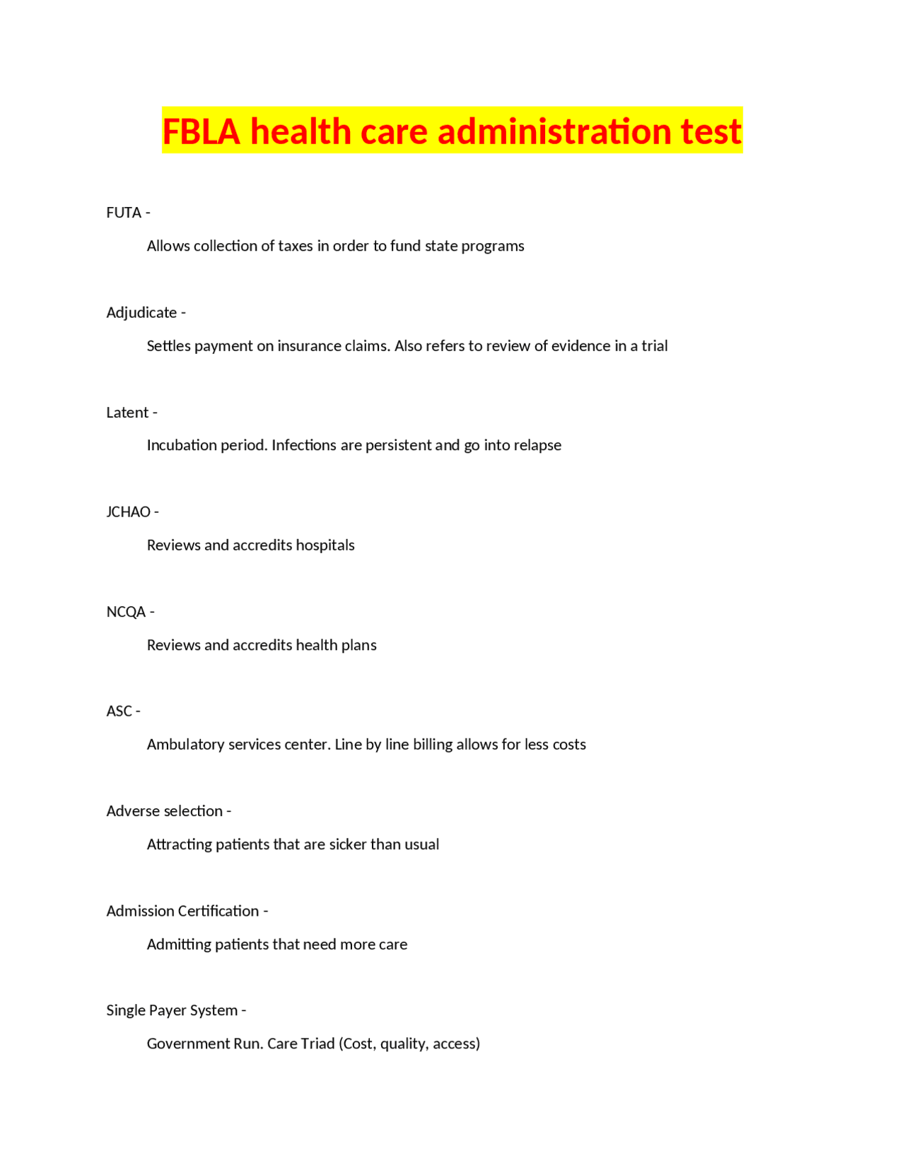 Fbla Testing FBLA health care administration test | Exams Nursing | Docsity