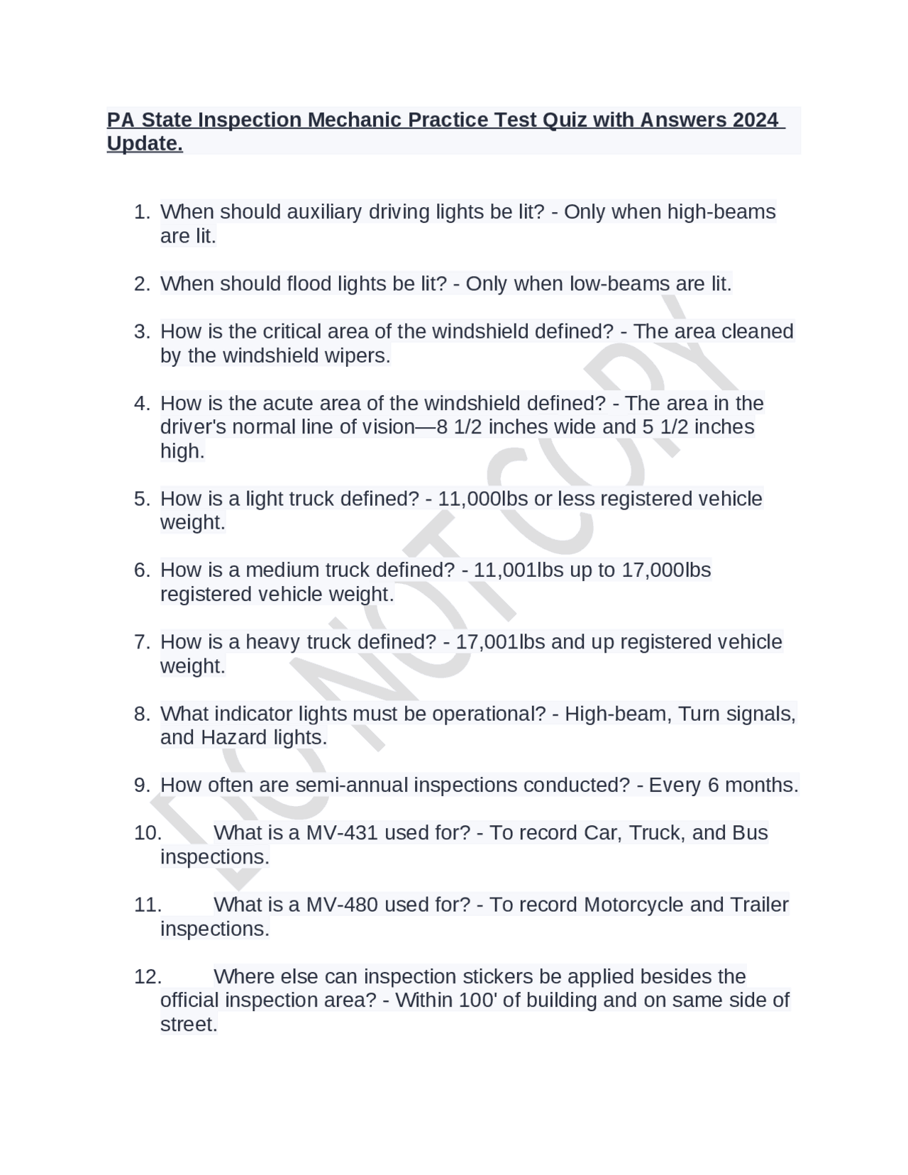 PA State Inspection Mechanic Practice Test Quiz with Answers 2024 Update. Exams Company