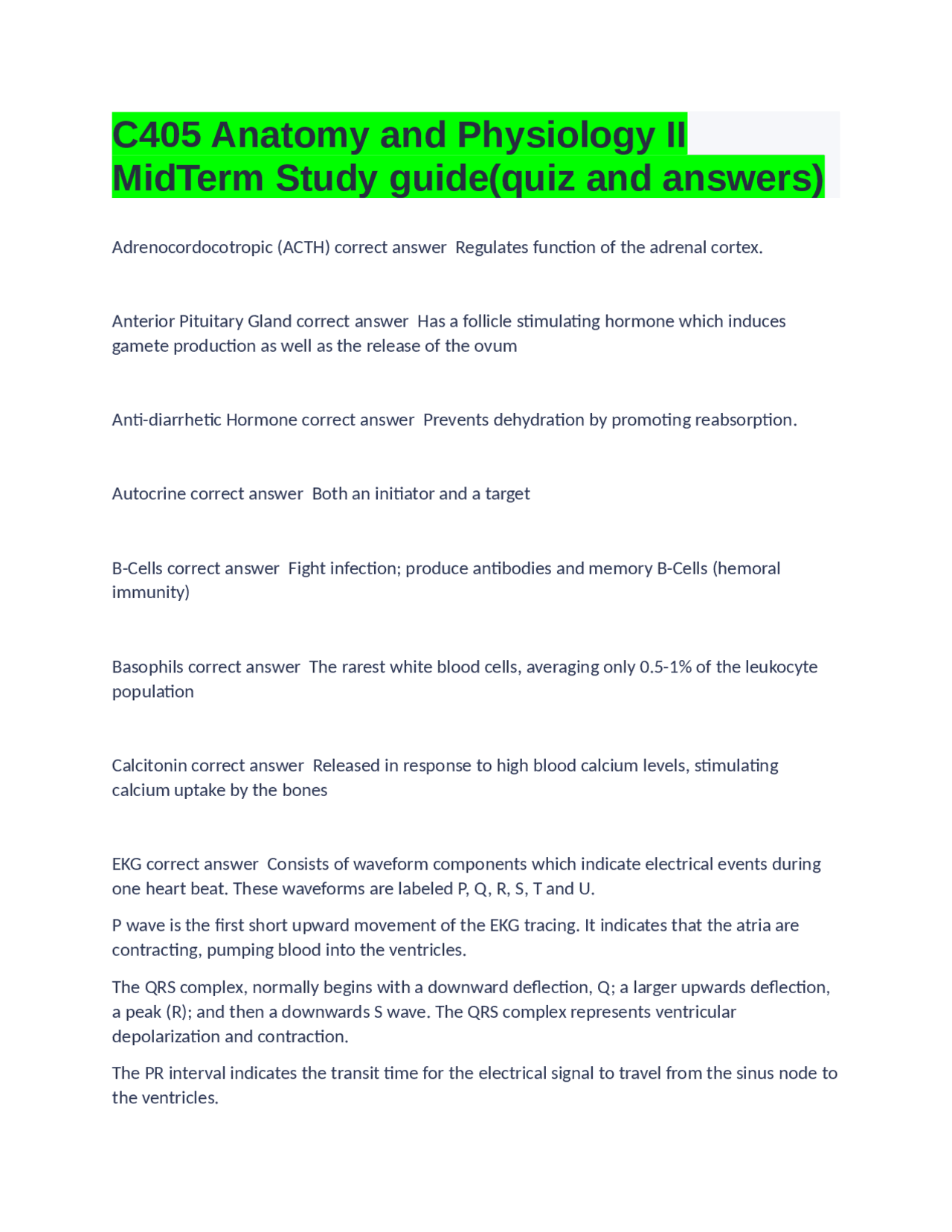 C405 Anatomy and Physiology II MidTerm Study guide(quiz and answers ...