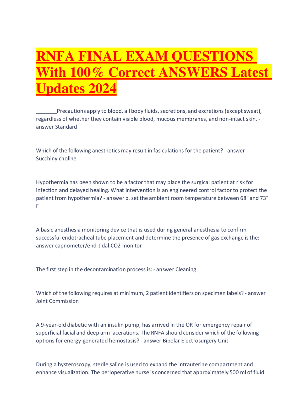 Sample Rnfa Log RNFA FINAL EXAM QUESTIONS With 100% Correct ANSWERS Latest Updates 2024 ...