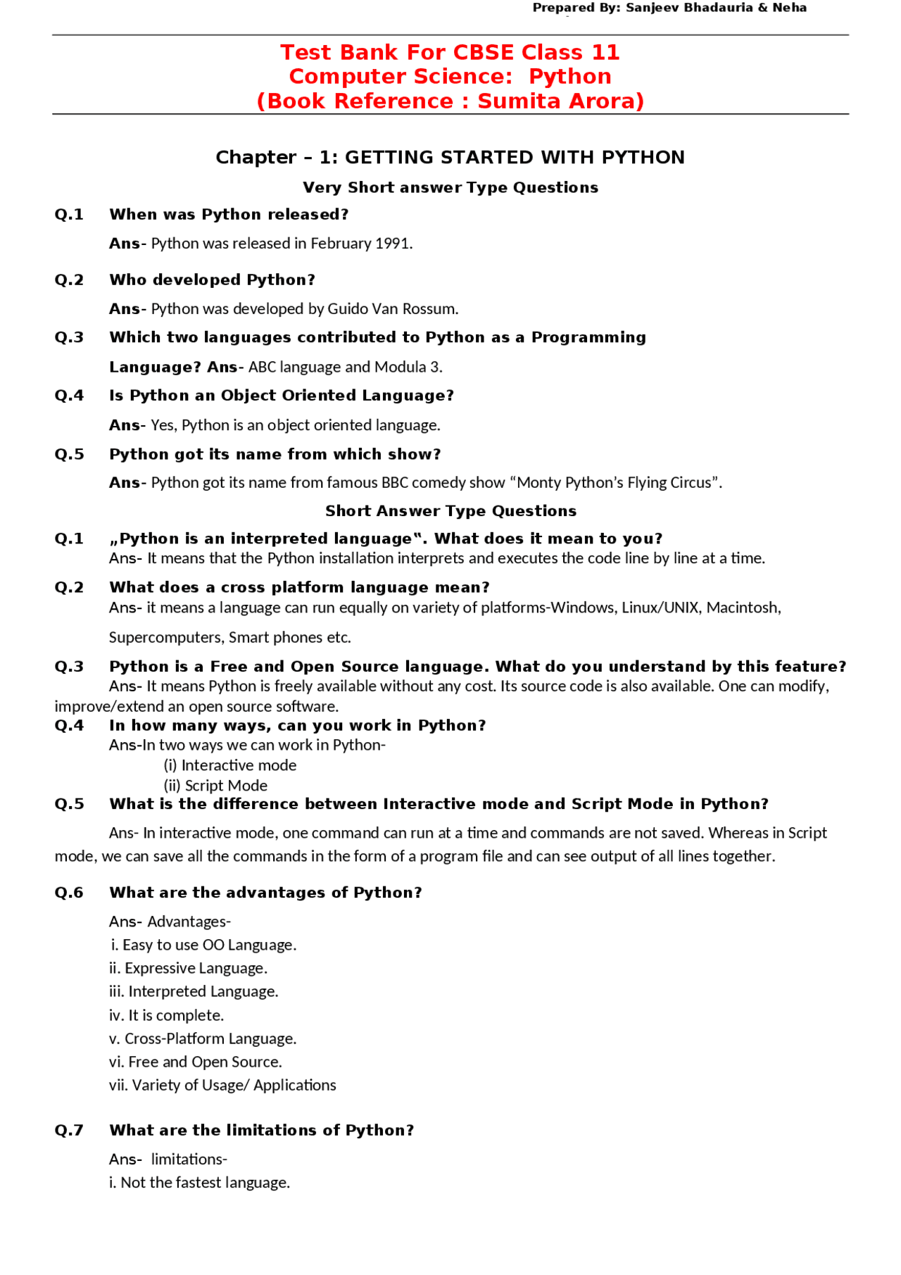 CBSE Class 11 Python Test Bank: Chapter-1 Questions and Answers | Exams ...