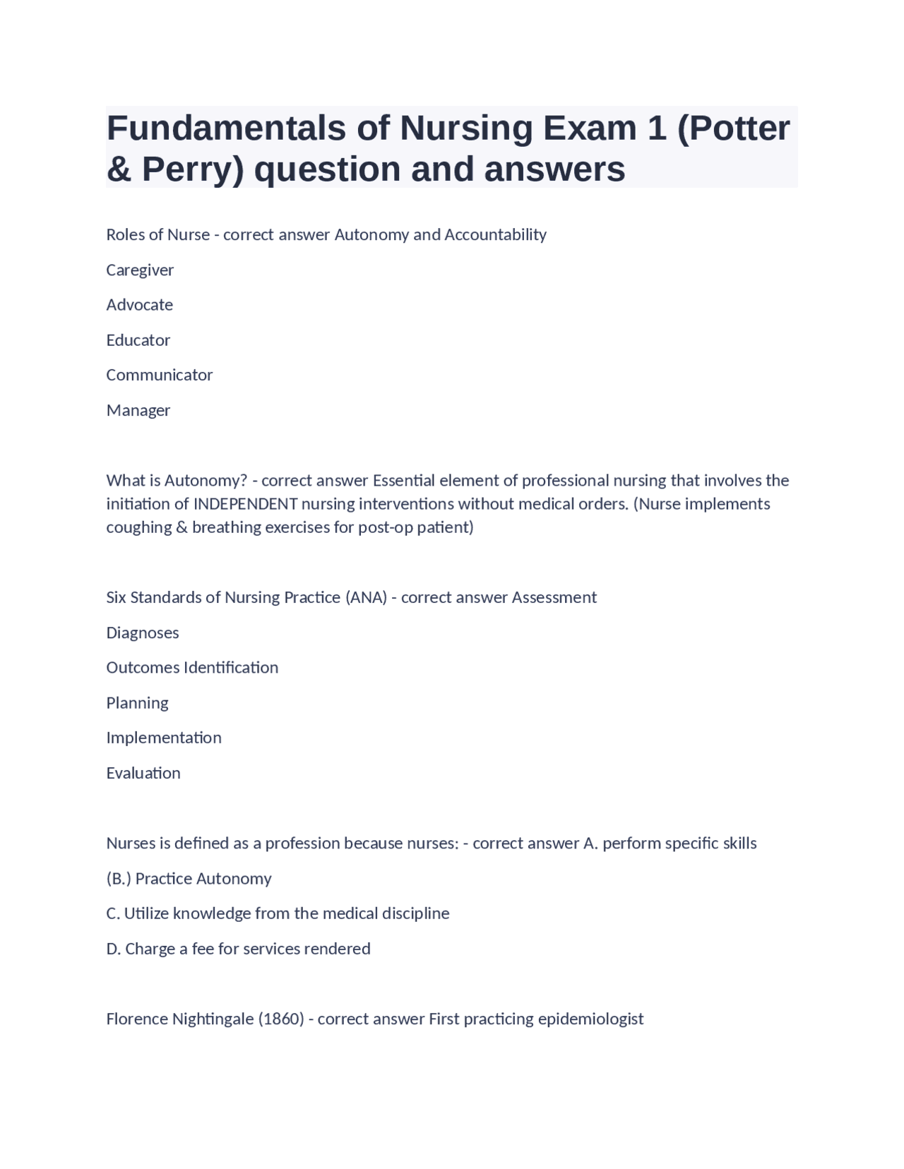 Nursing Fundamentals Exam 1: Questions and Answers | Exams Nursing ...