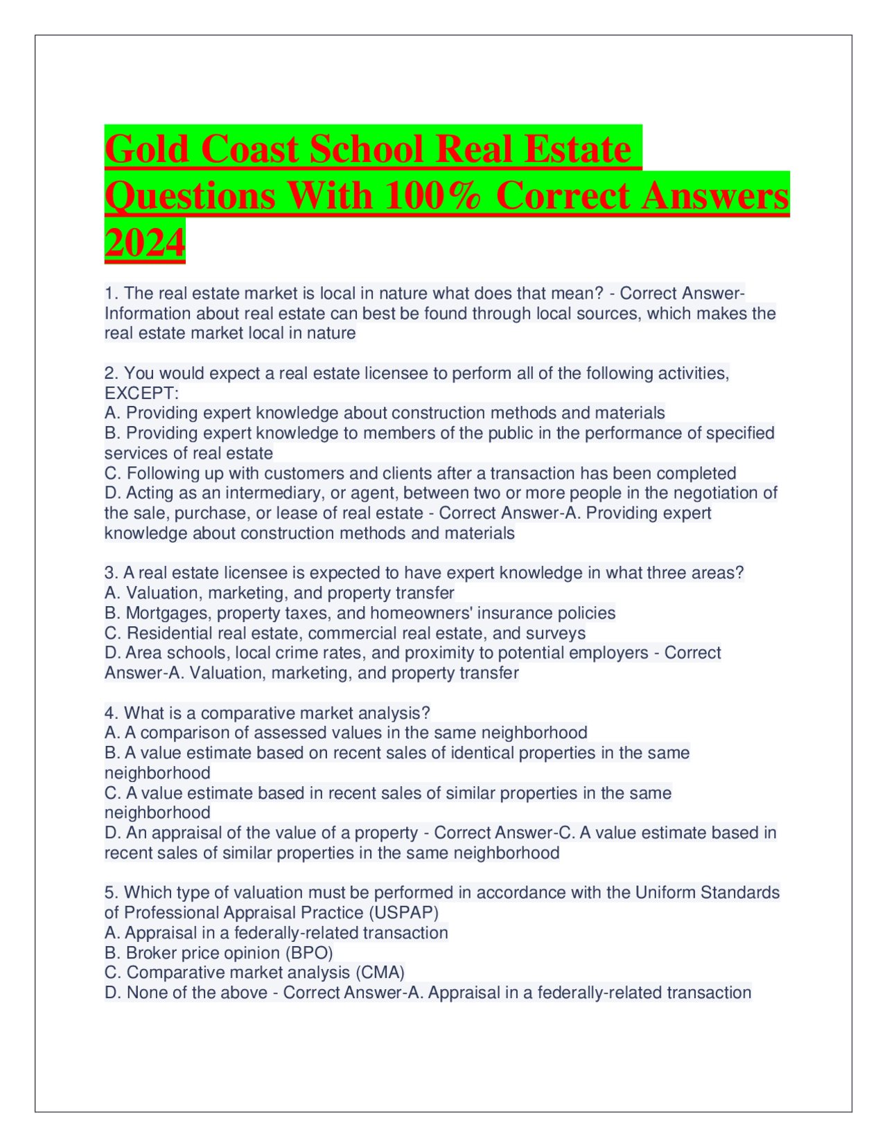 Gold Coast School Real Estate Questions With 100 Correct Answers 2024