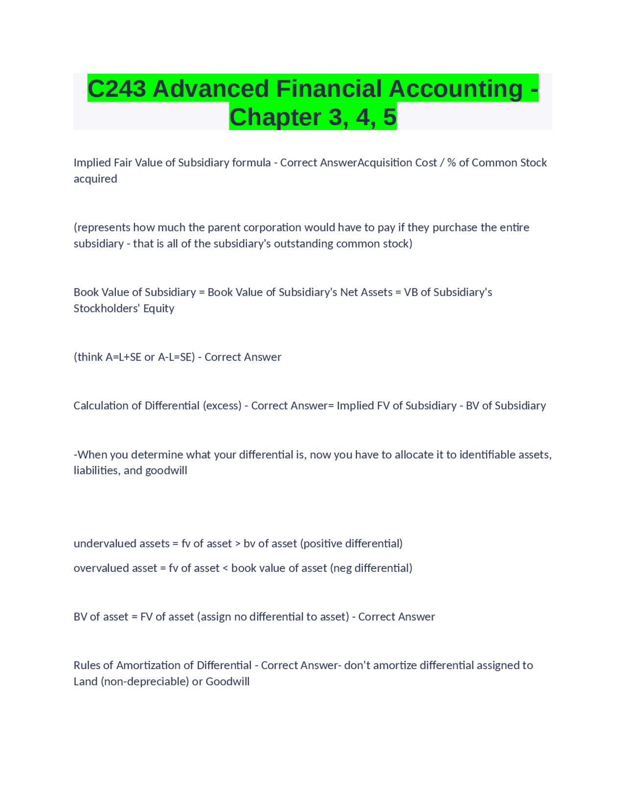 C243 Advanced Financial Accounting - Chapter 3, 4, 5 | Exams Financial ...
