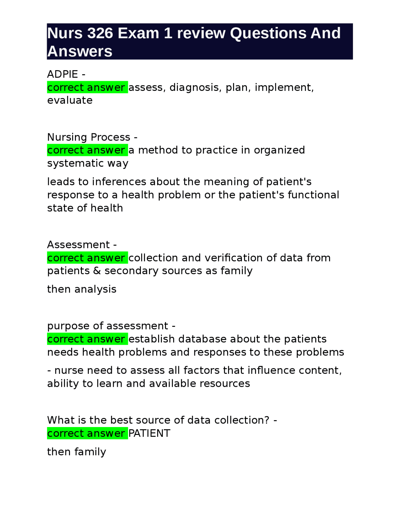 Nursing 326 Exam 1 Review: Nursing Process, Assessment, and Diagnosis Q ...
