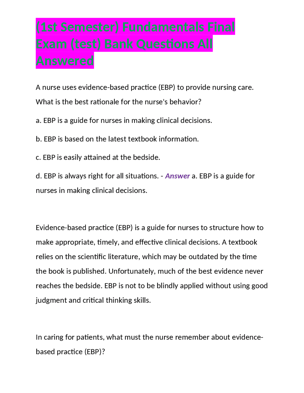 (1st Semester) Fundamentals Final Exam (test) Bank Questions All ...
