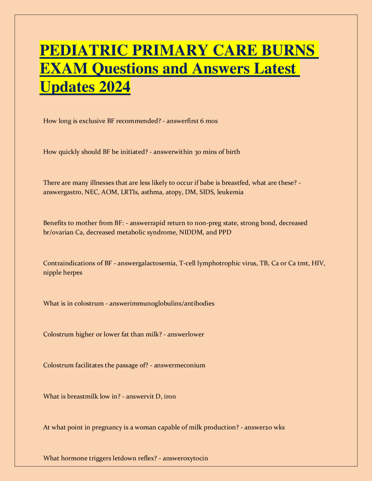 PEDIATRIC PRIMARY CARE BURNS EXAM Questions and Answers Latest Updates