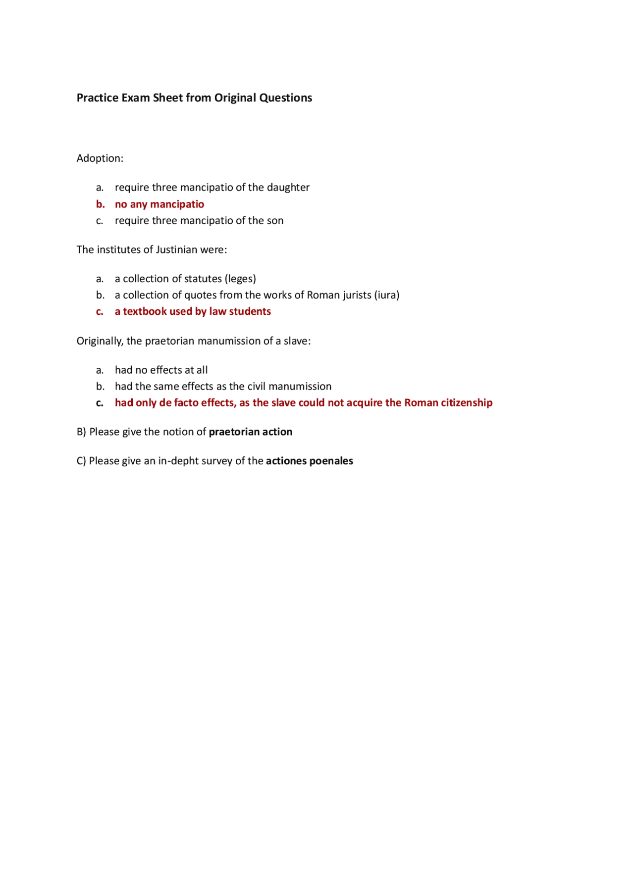 Practice Exam Sheet from Original Questions - Roman Law | Prove d'esame ...