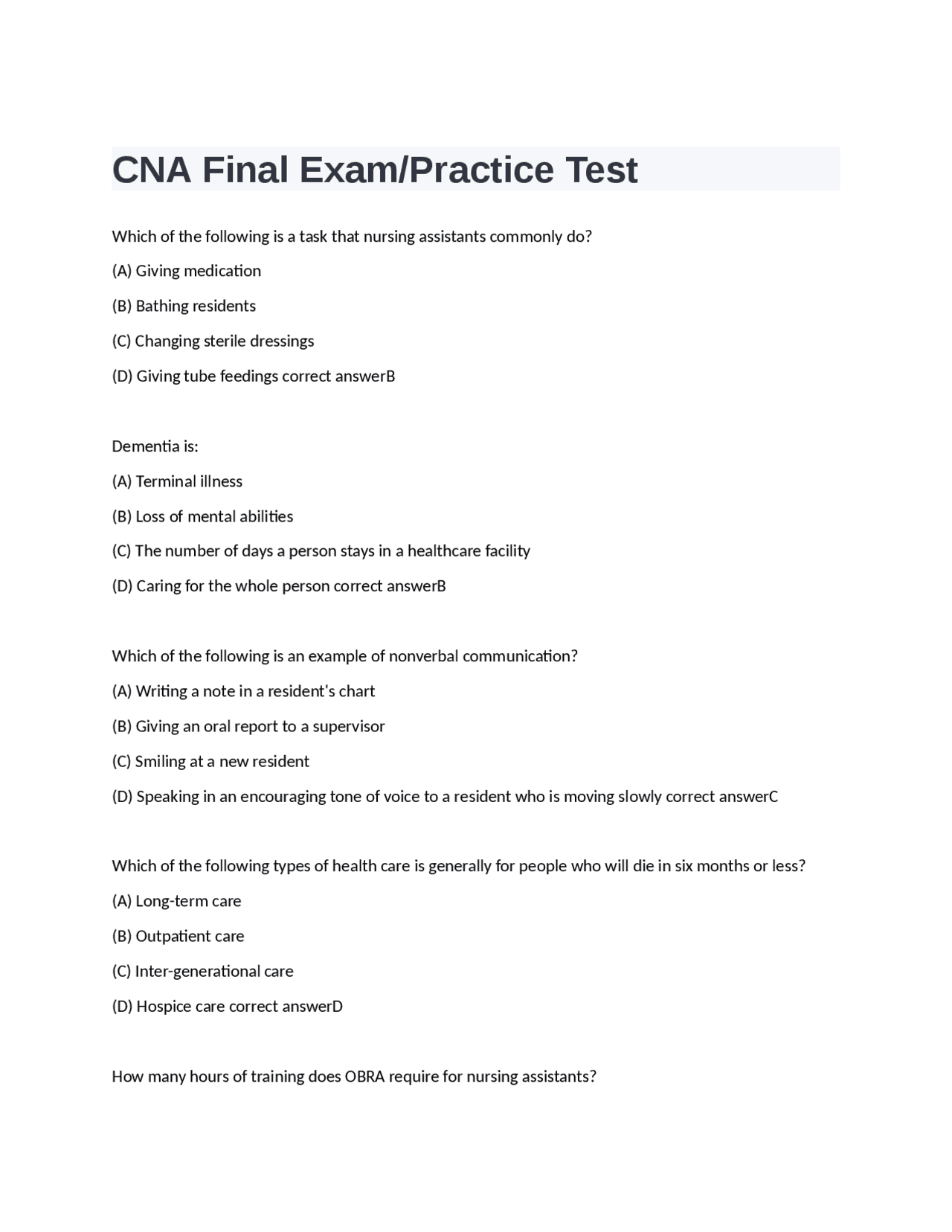 CNA Final Exam/Practice Test LATEST SOLUTION 2024 (VERIFIED) | Exams ...