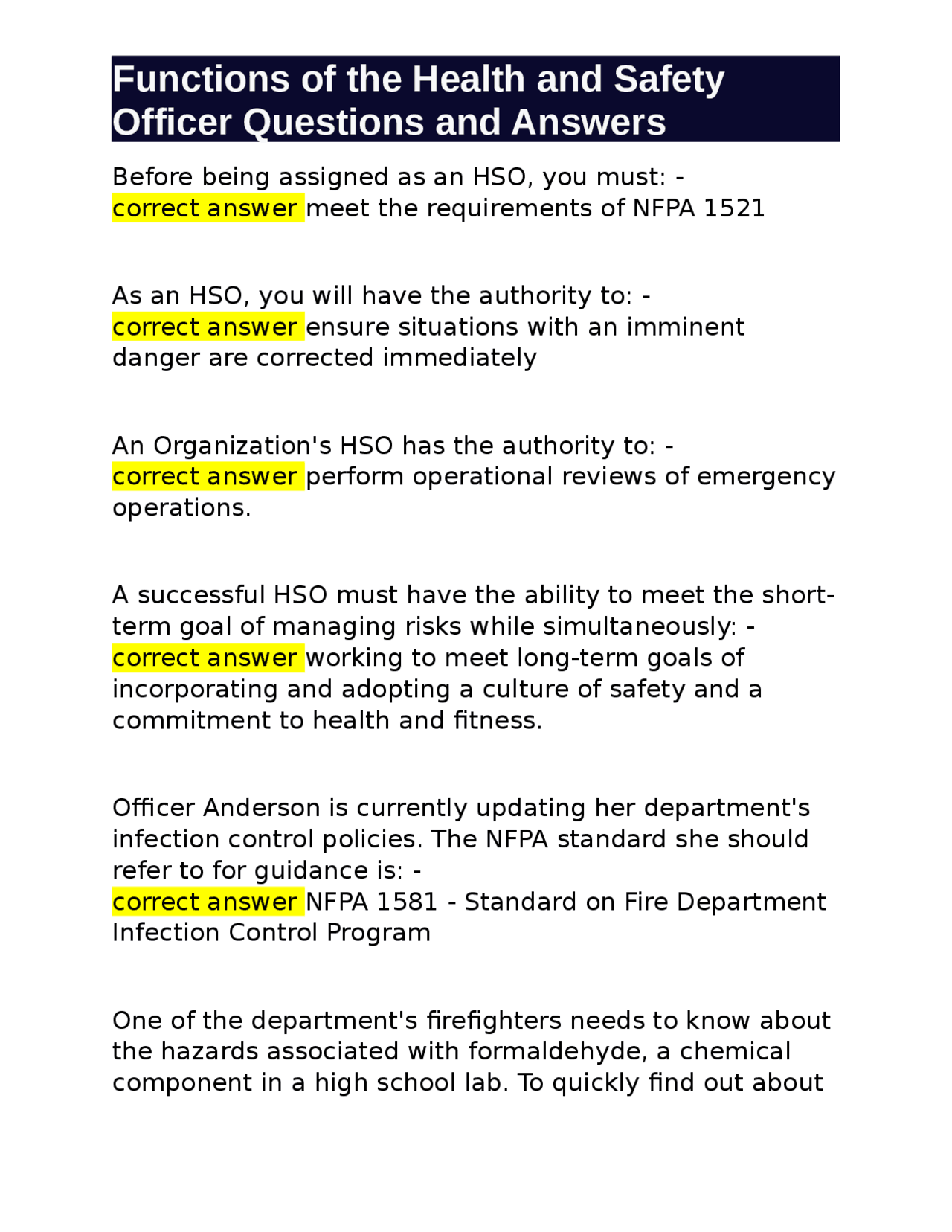 Functions of the Health and Safety Officer Questions and Answers