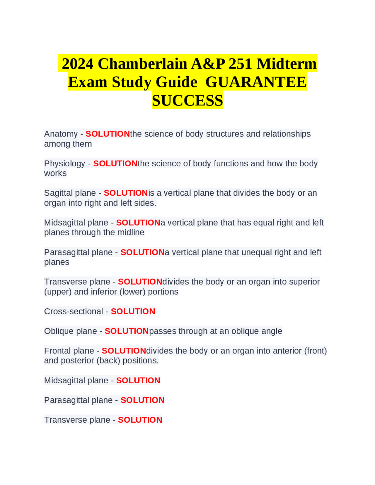 2024 Chamberlain A&P 251 Midterm Exam Study Guide GUARANTEE SUCCESS ...
