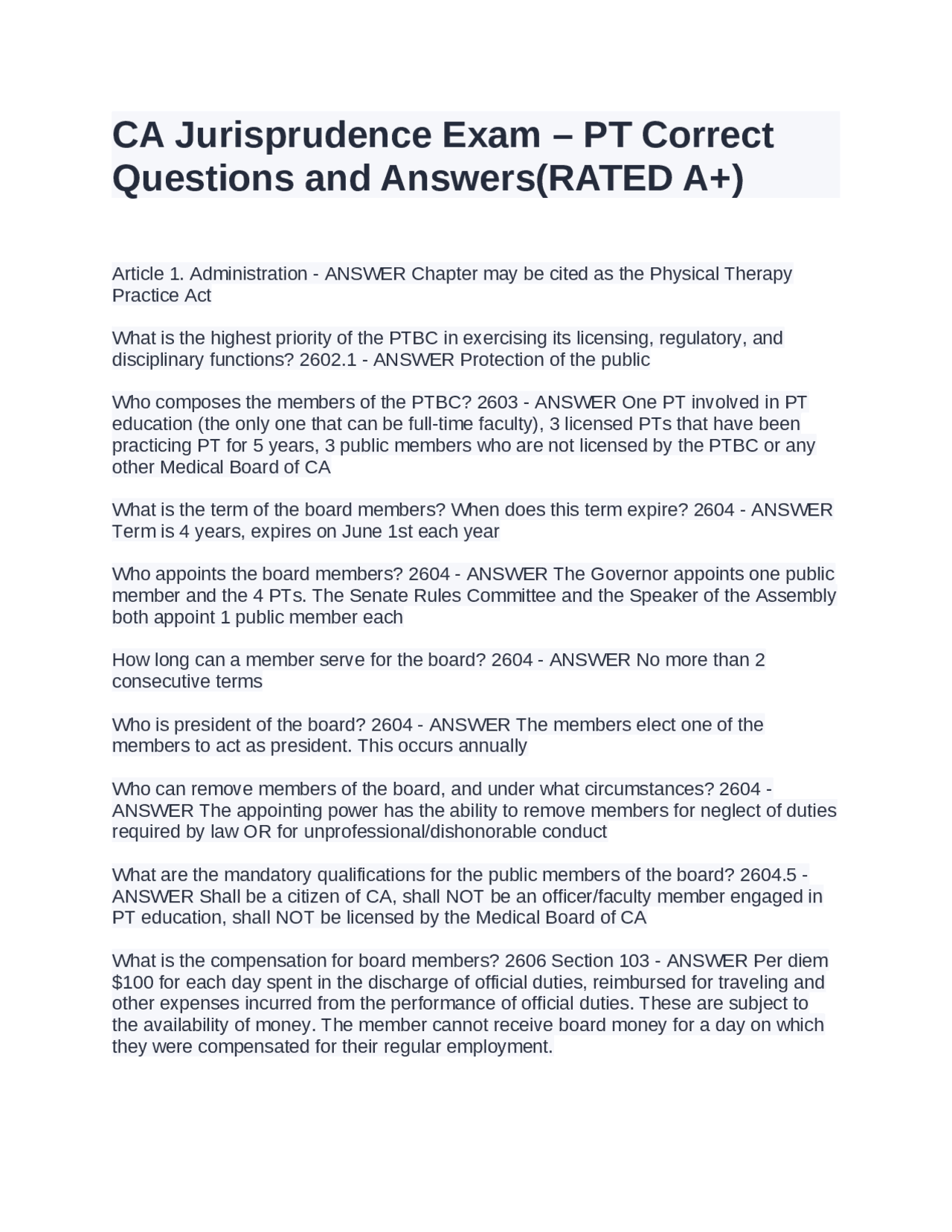 California Physical Therapy Exam Questions and Answers Exams Physical