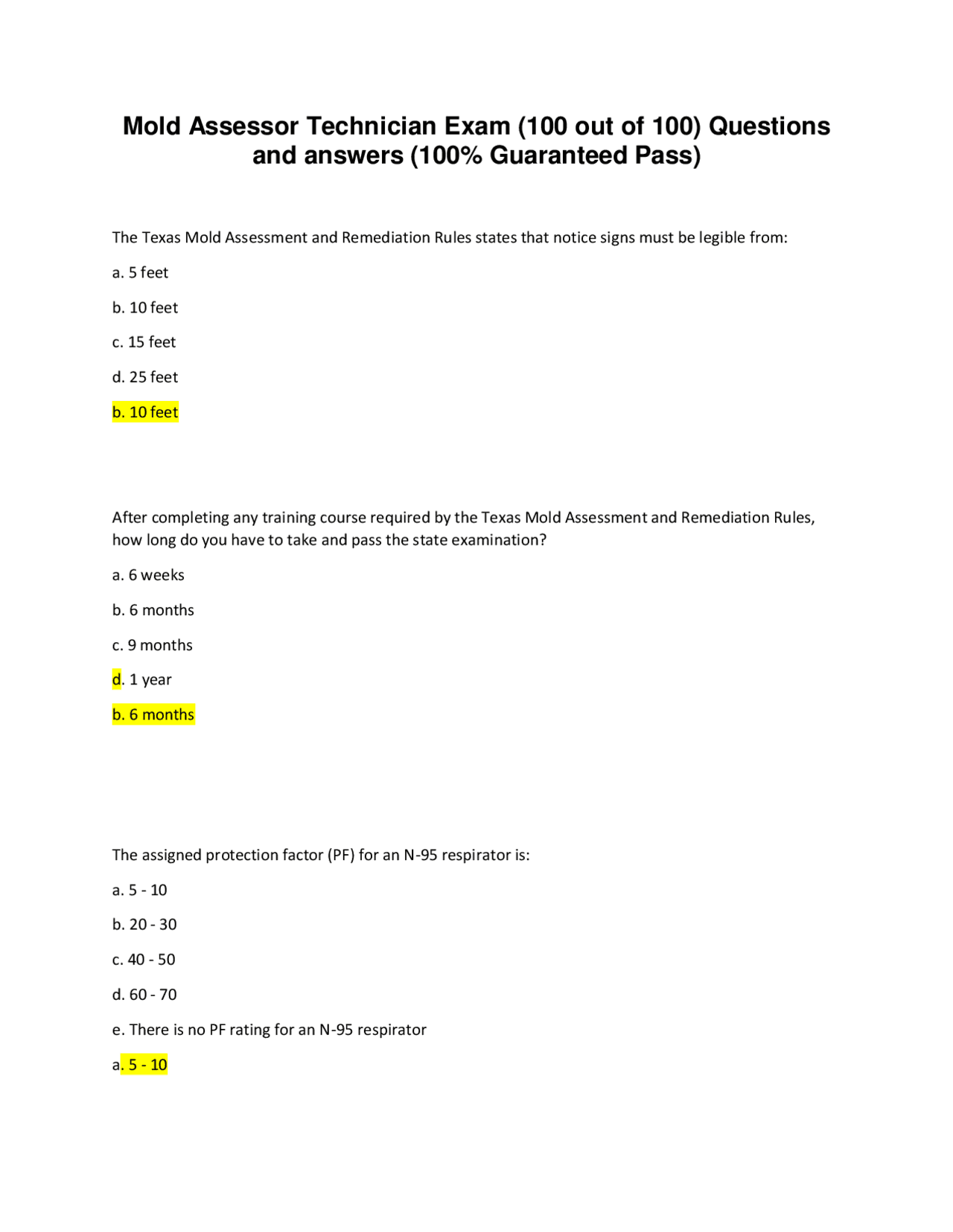 Mold Assessment and Remediation Rules Exam Questions and Answers