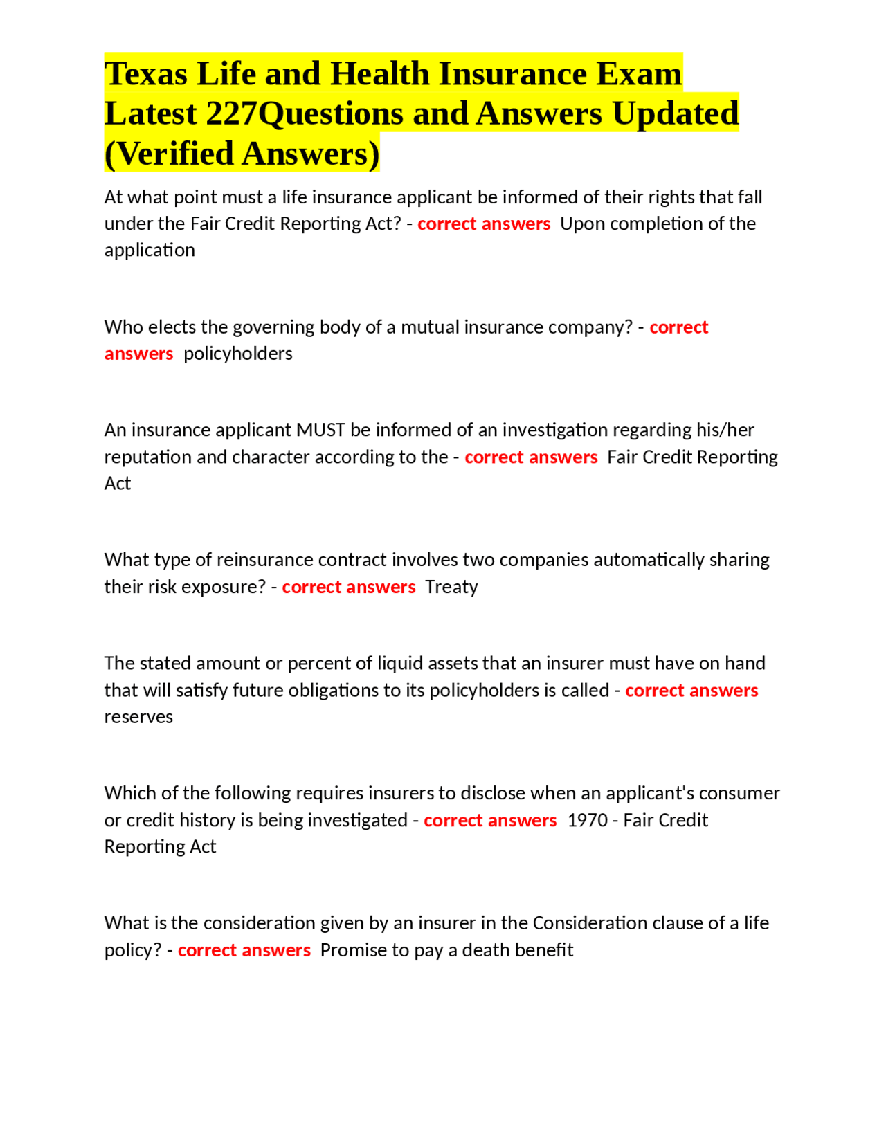 Texas Life and Health Insurance Exam Latest 227 Questions and Answers