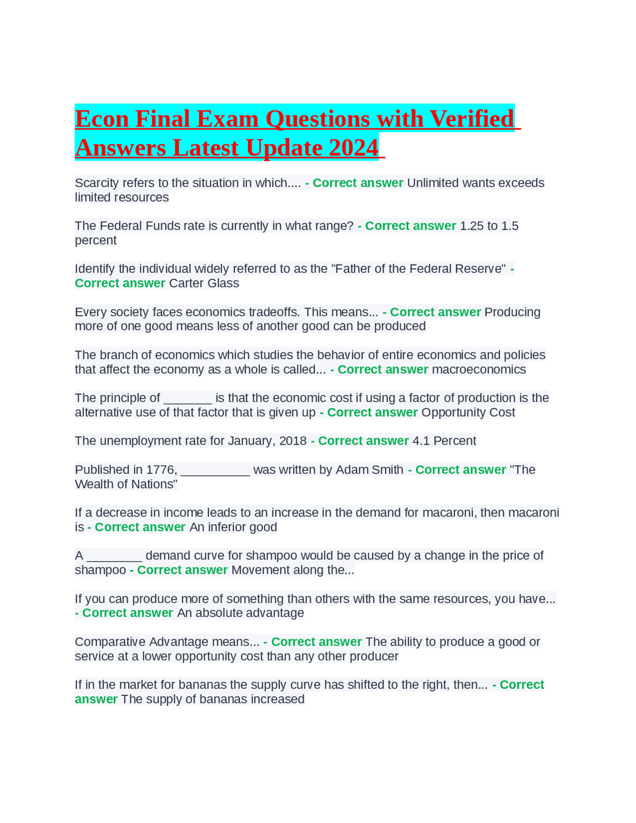 Econ Final Exam Questions with Verified Answers Latest Update 2024 ...