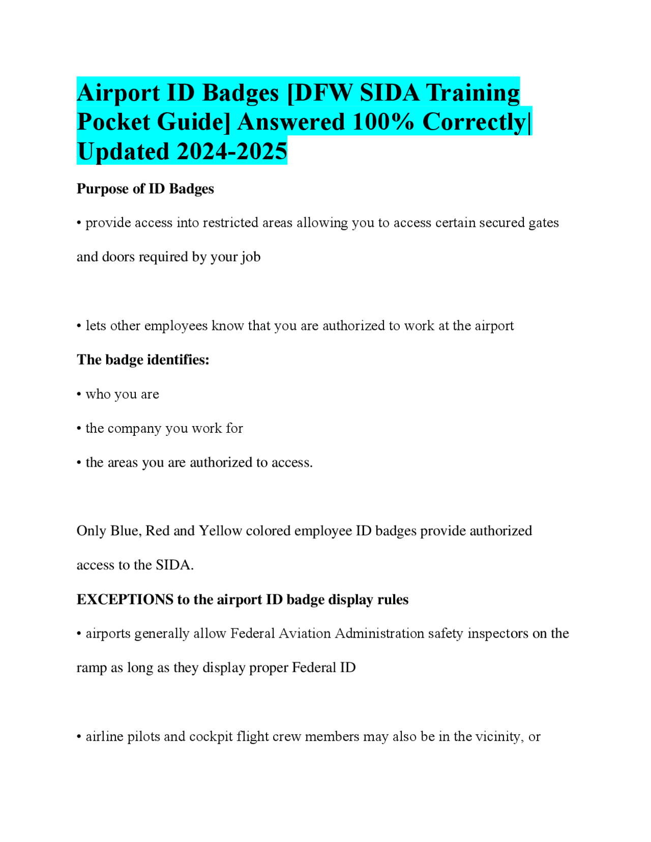 Airport ID Badges [DFW SIDA Training Pocket Guide] Answered 100