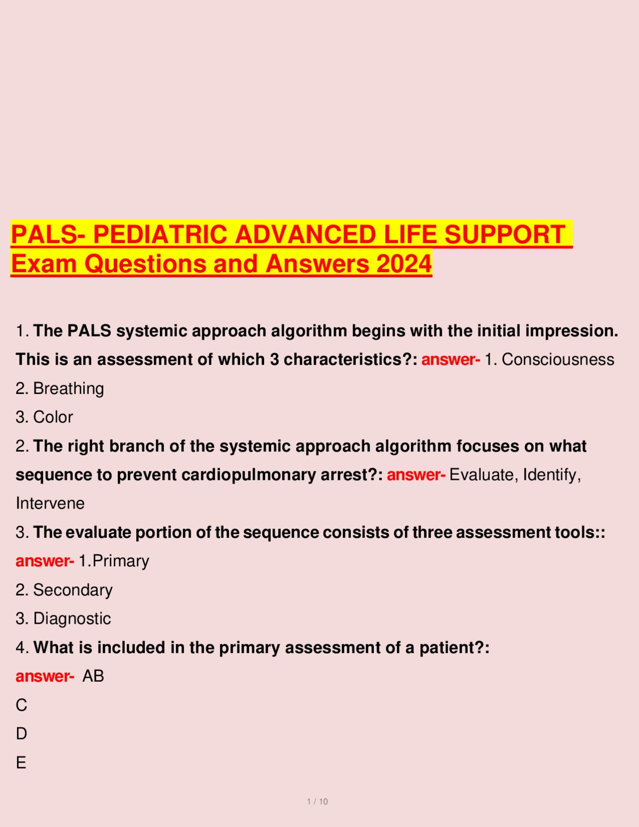 Pals Pediatric Advanced Life Support Exam Questions And Answers 2024 Pdf Exams Nursing Docsity Pals Pediatric Advanced Life Support Exam Questions And Answers 2024 Pdf Exams Nursing Docsity