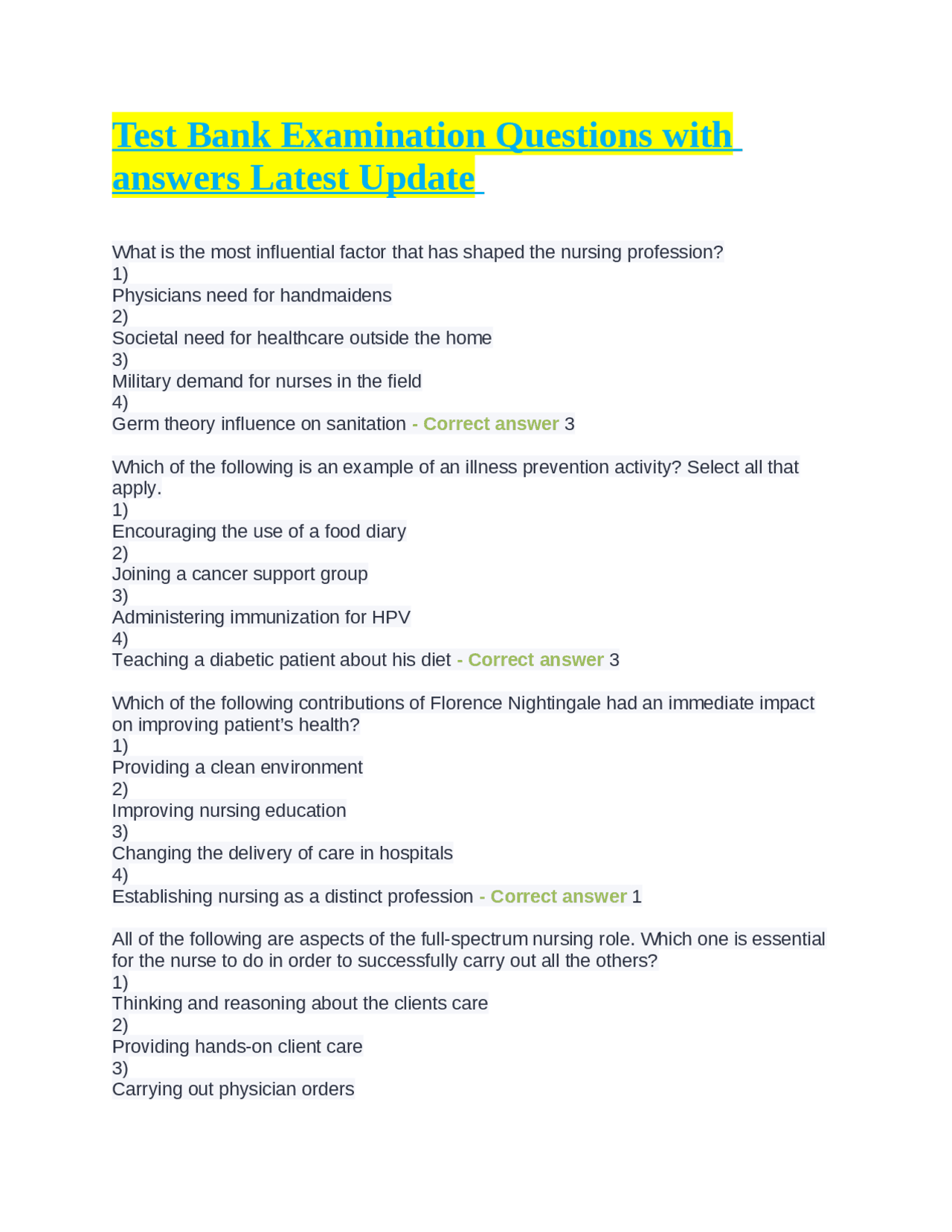 Test Bank Examination Questions with answers Latest Update | Exams ...