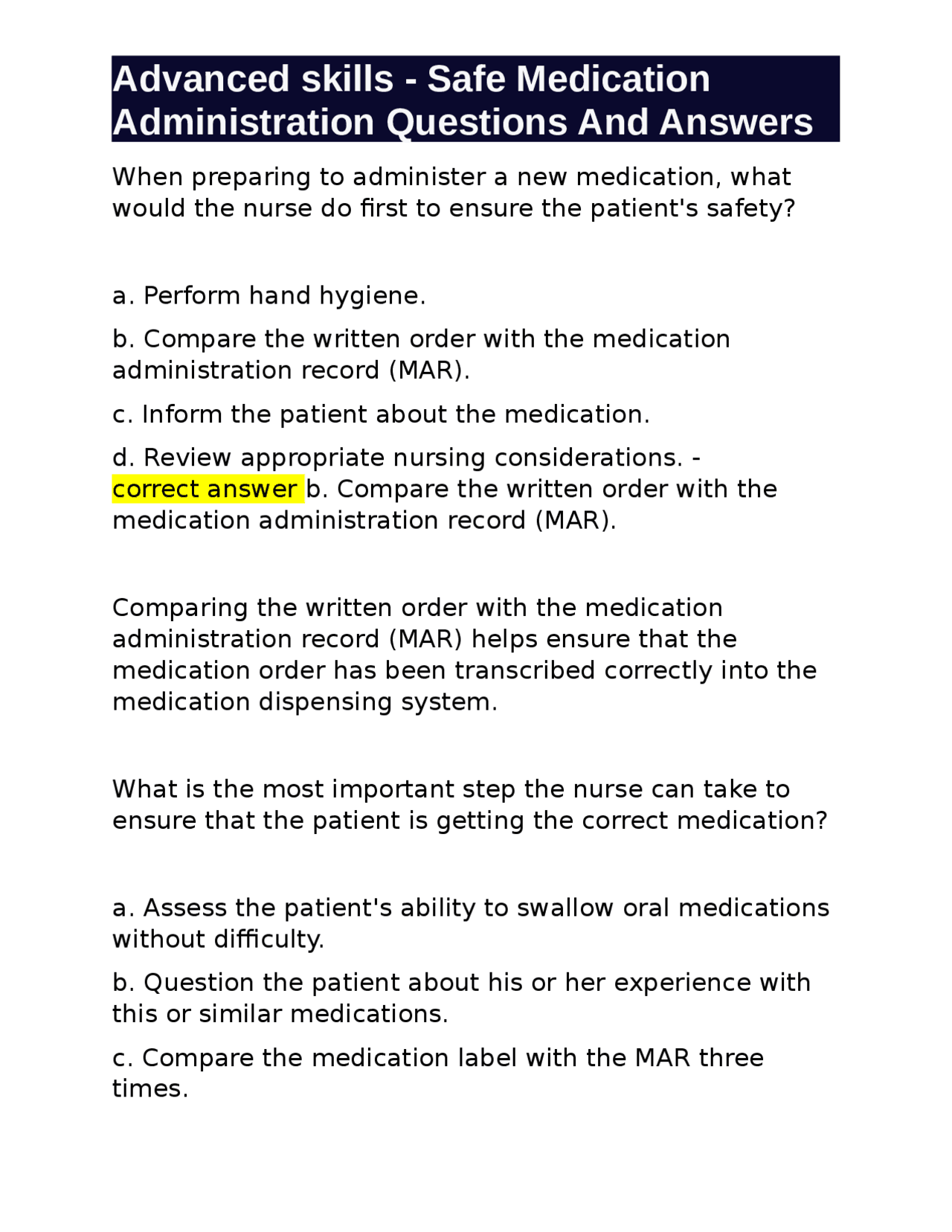 Safe Medication Administration Questions and Answers for Nurses