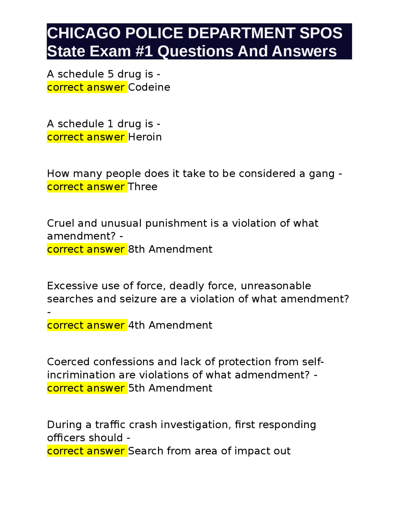 CHICAGO POLICE DEPARTMENT SPOS State Exam #1 Questions And Answers | Exams Law | Docsity