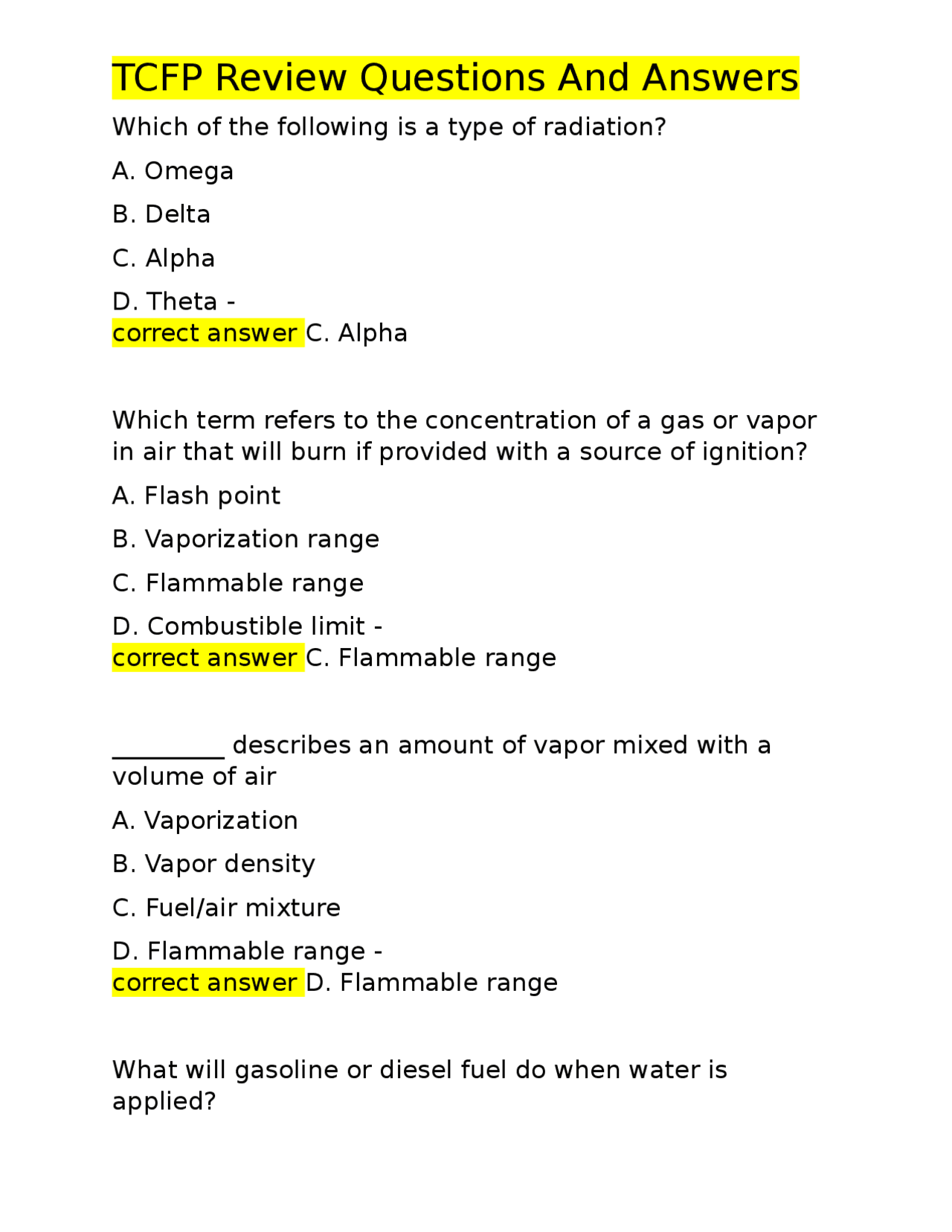 Firefighting Review Questions and Answers Exams Safety and Fire