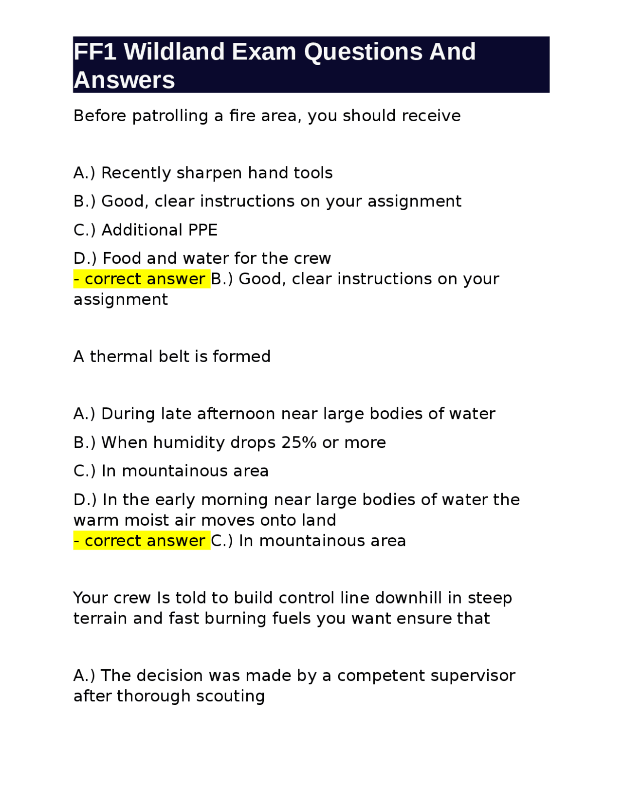 FF1 Wildland Exam Firefighting Techniques & Safety Procedures Exams