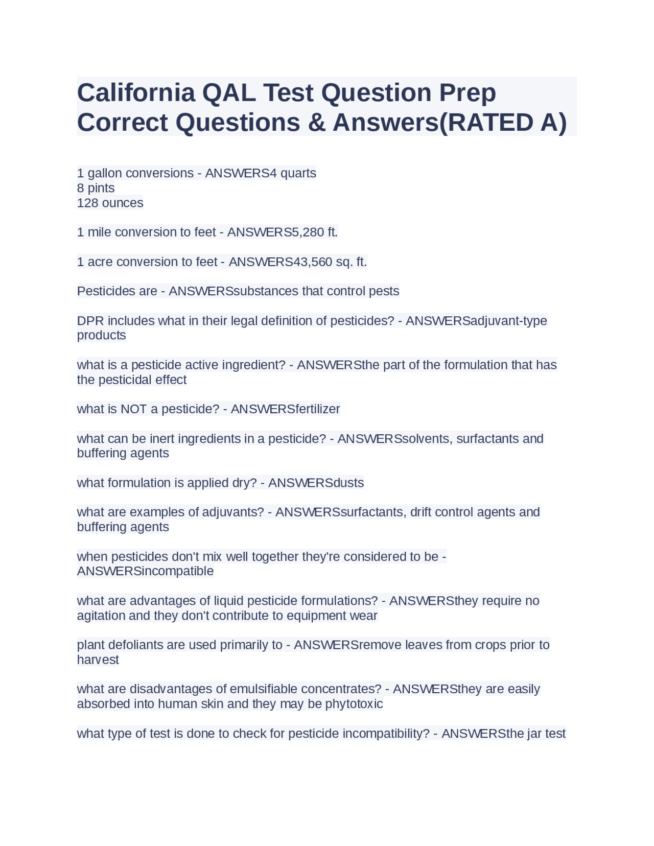 Cal Question Example California QAL Test Questions and Answers: Pesticides and Their ...