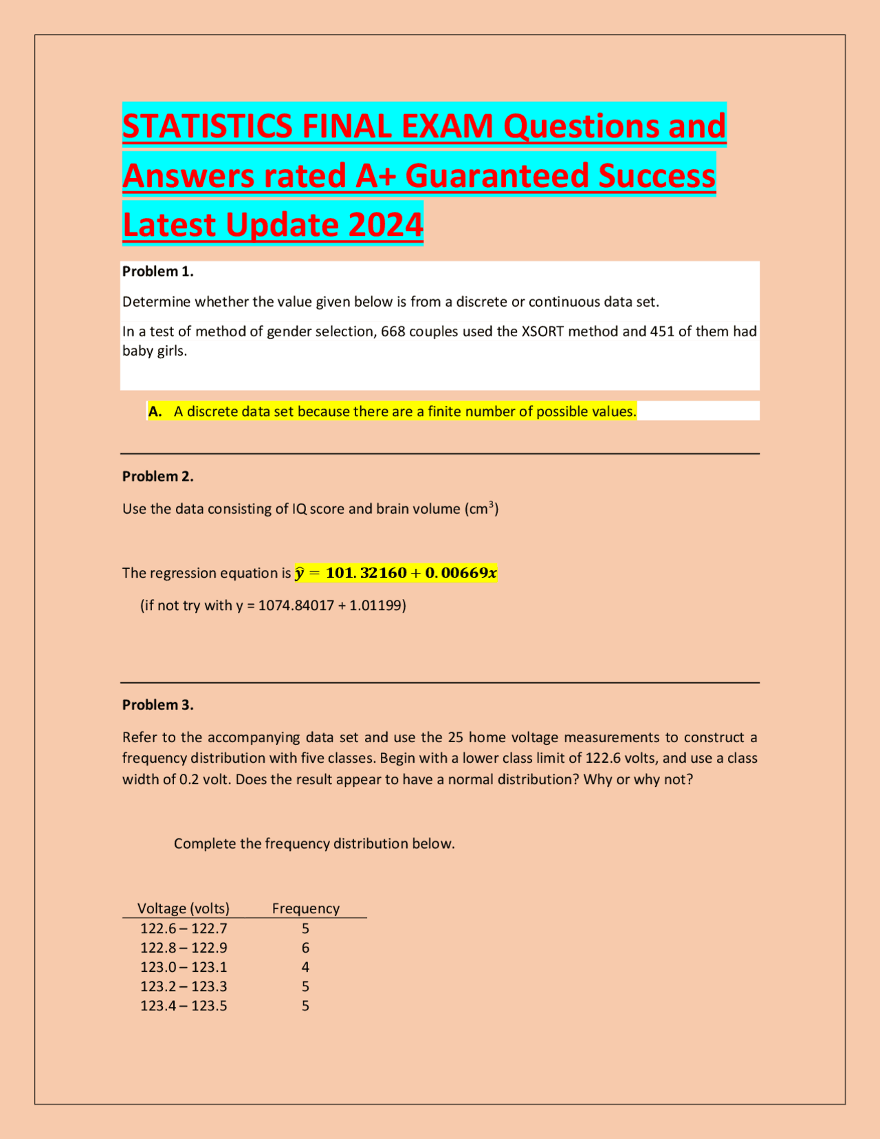STATISTICS FINAL EXAM Questions and Answers rated A+ Guaranteed Success ...