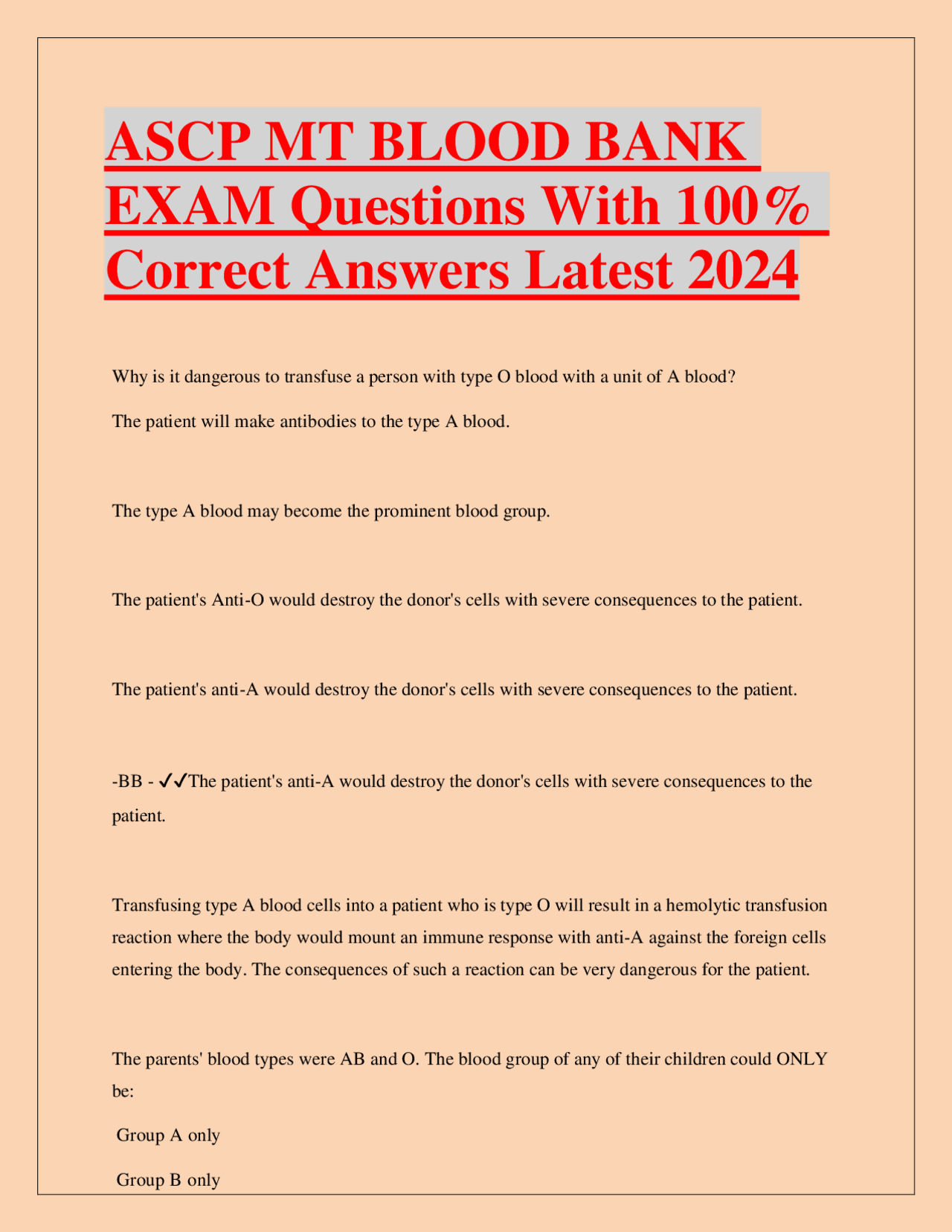 ASCP MT BLOOD BANK EXAM Questions With 100 Correct Answers Latest 2024