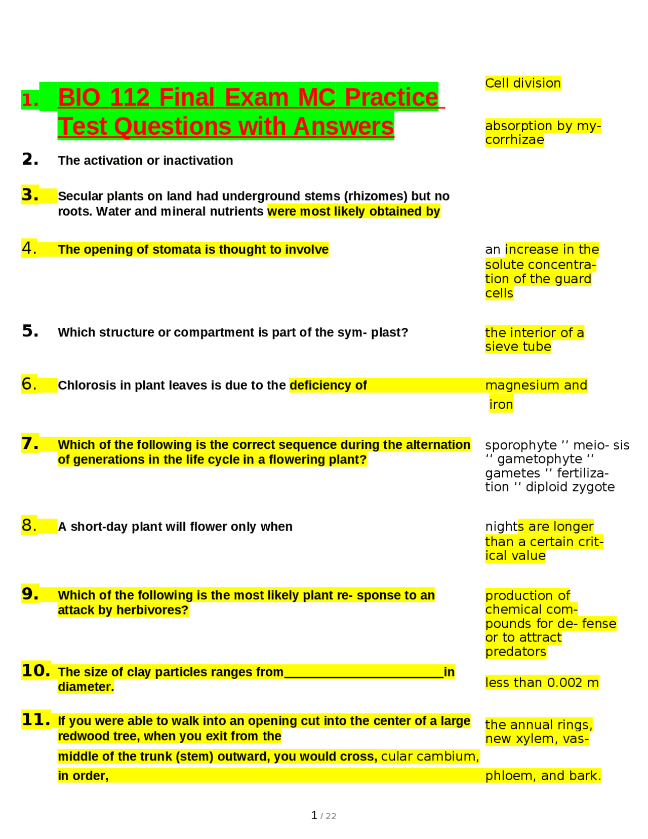 1. BIO 112 Final Exam MC Practice Test Questions with Answers | Exams ...