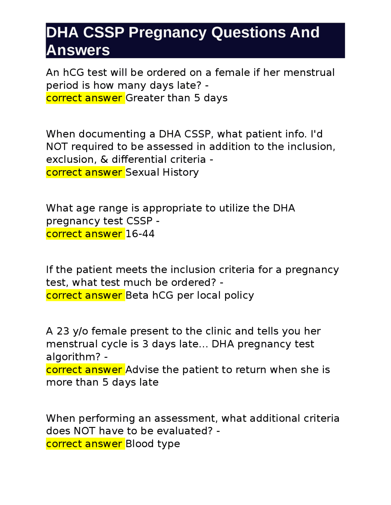 DHA CSSP Pregnancy Questions And Answers | Exams Medicine | Docsity