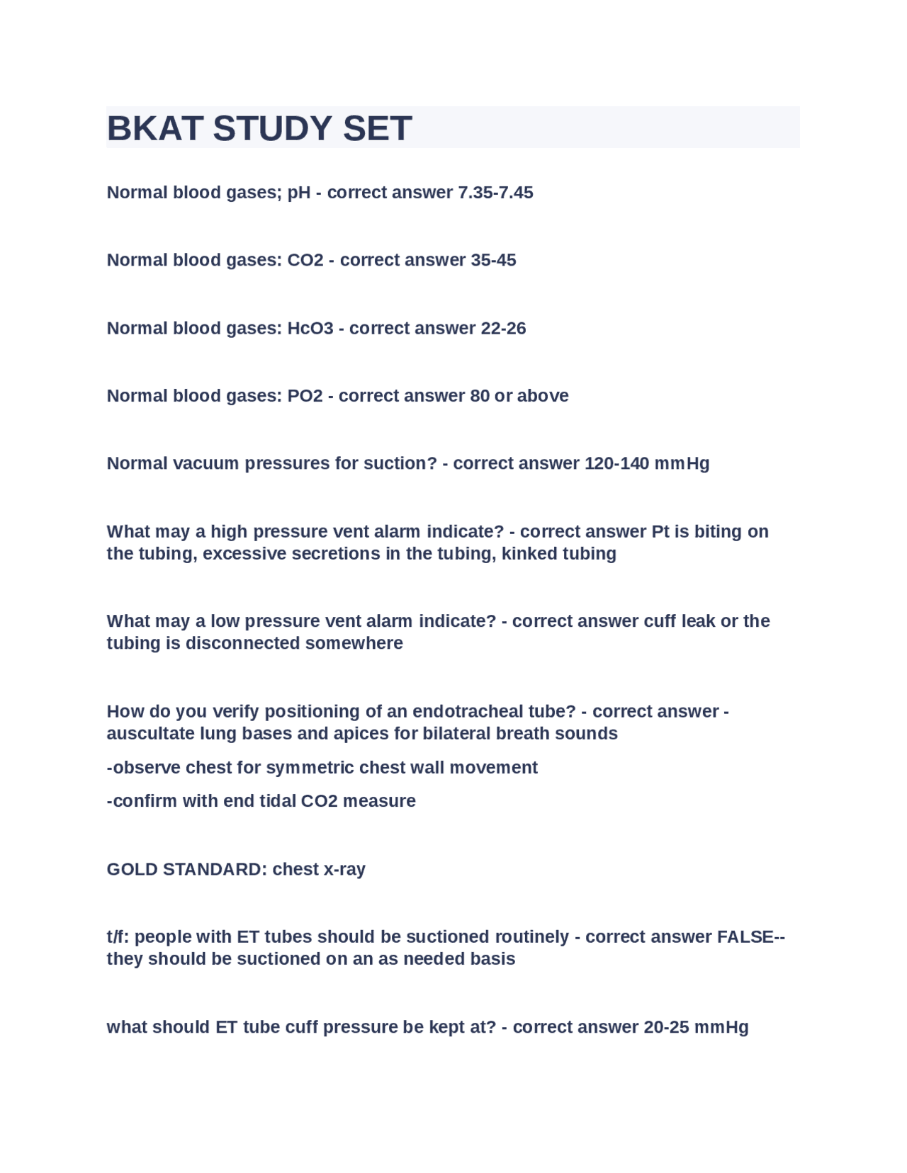 Basic Knowledge Assessment Tool (BKAT) STUDY SET Exams Nursing Docsity