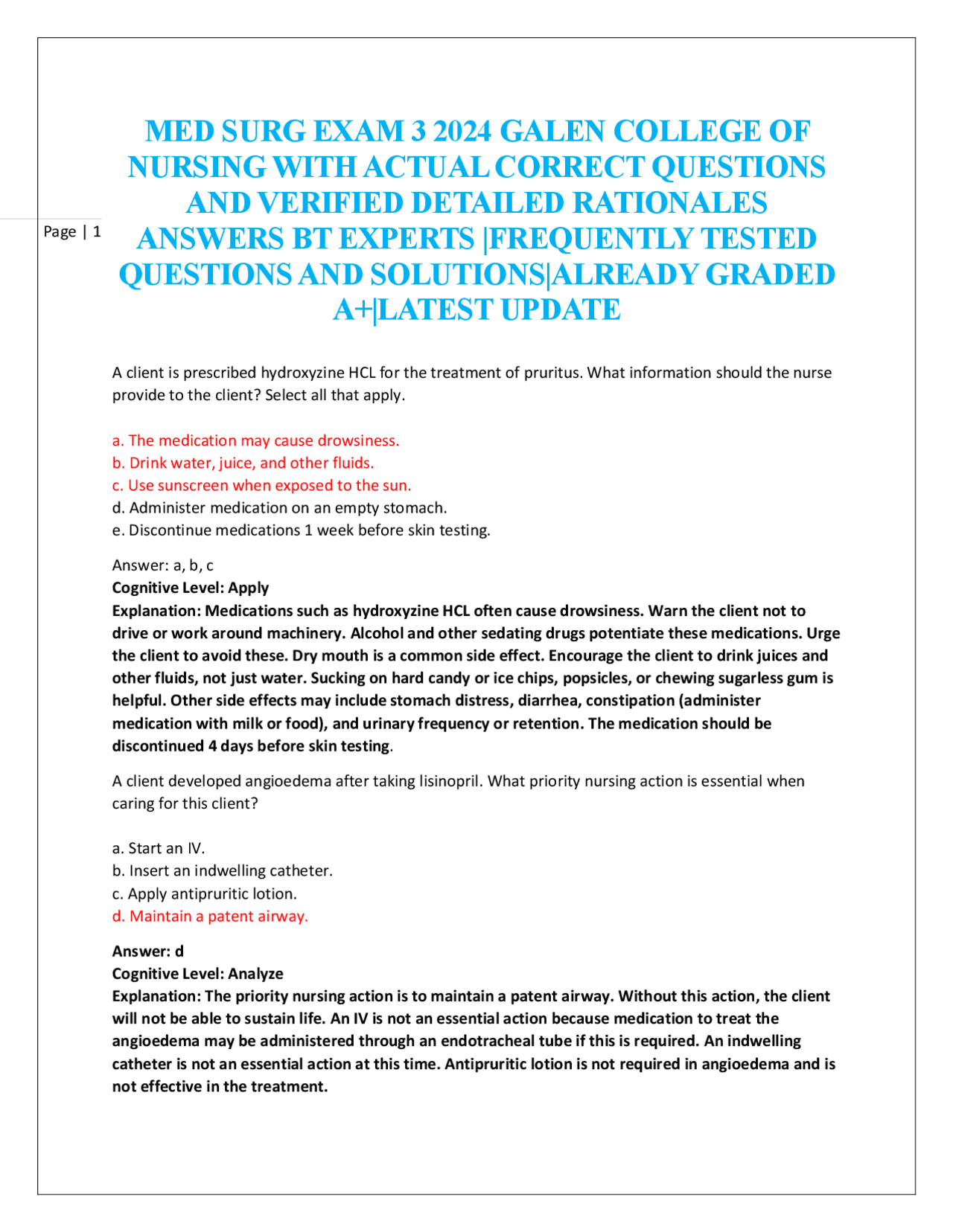 MED SURG EXAM 3 2024 GALEN COLLEGE OF NURSING WITH ACTUAL CORRECT ...
