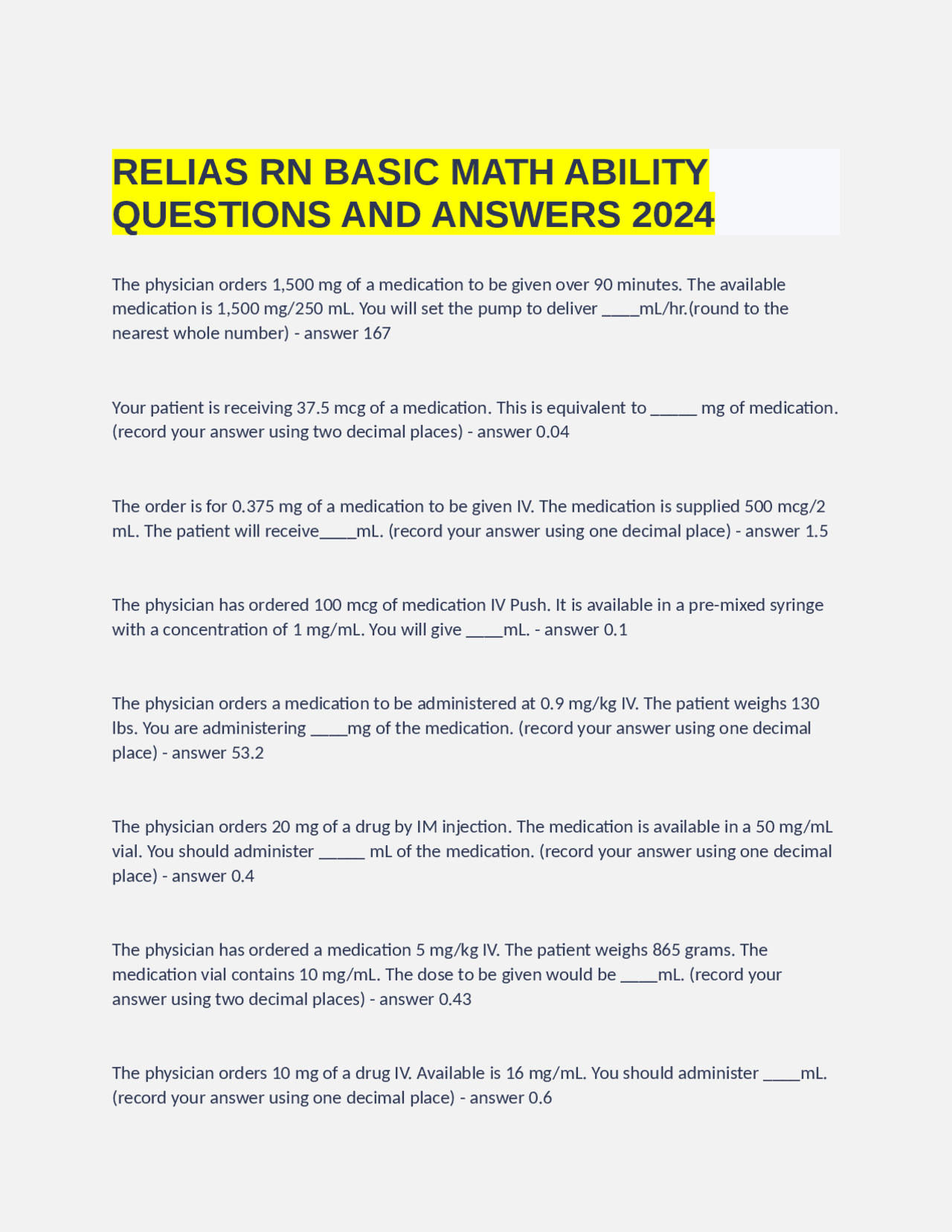 Crna Math Problems RELIAS RN BASIC MATH ABILITY QUESTIONS AND ANSWERS 2024 | Exams Nursing ...