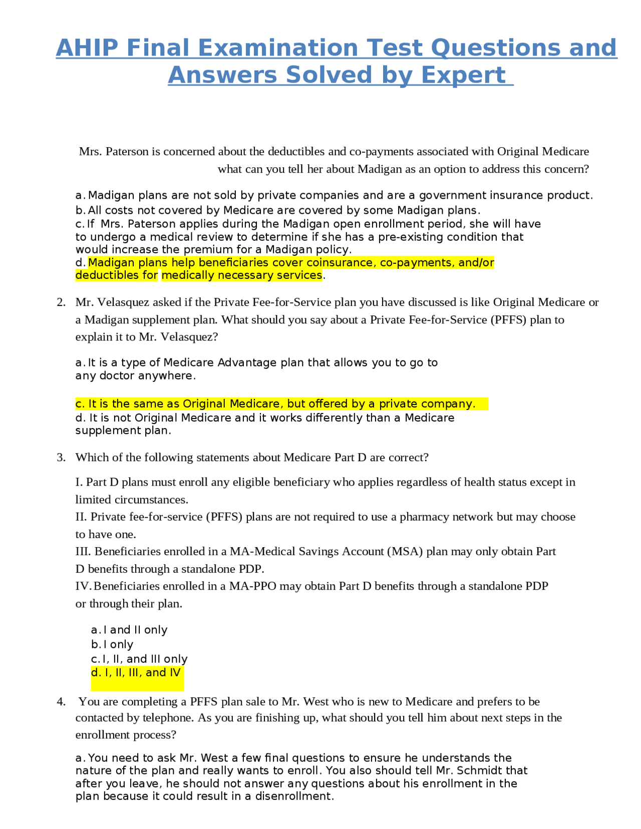 Ohip Question AHIP Final Examination Test Questions and Answers Solved by Expert ...