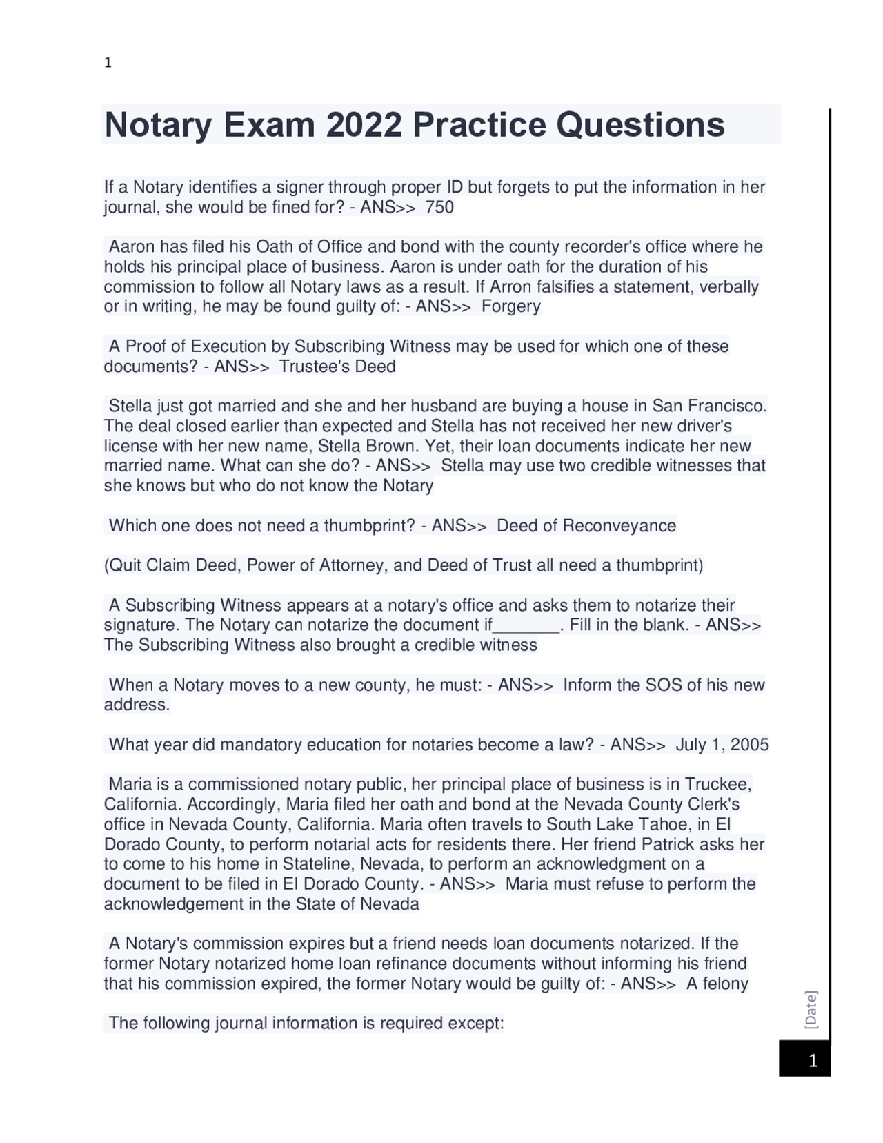 California Notary Exam Practice Questions Exams Law Docsity