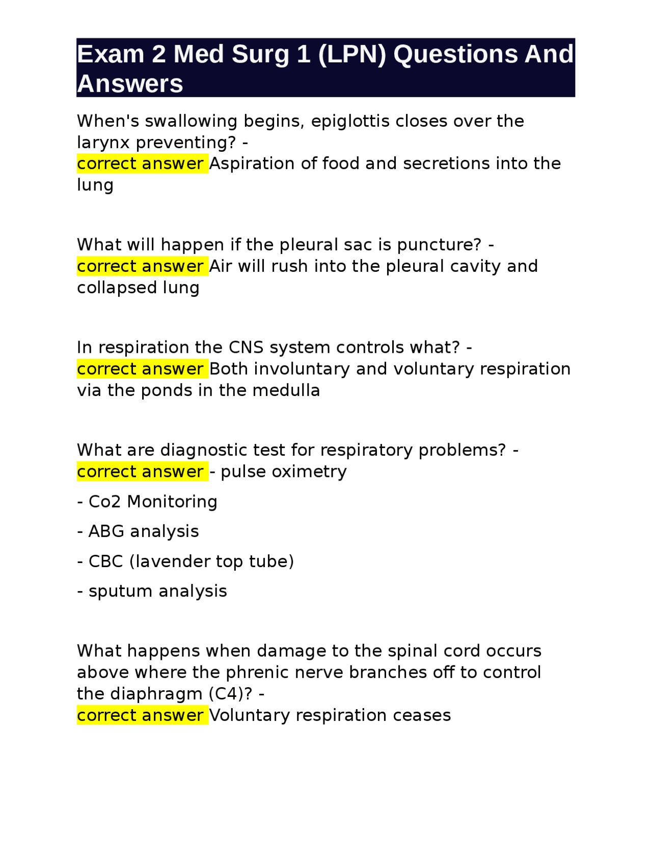 Medical Surgical Exam 2 Questions and Answers for LPNs Respiratory