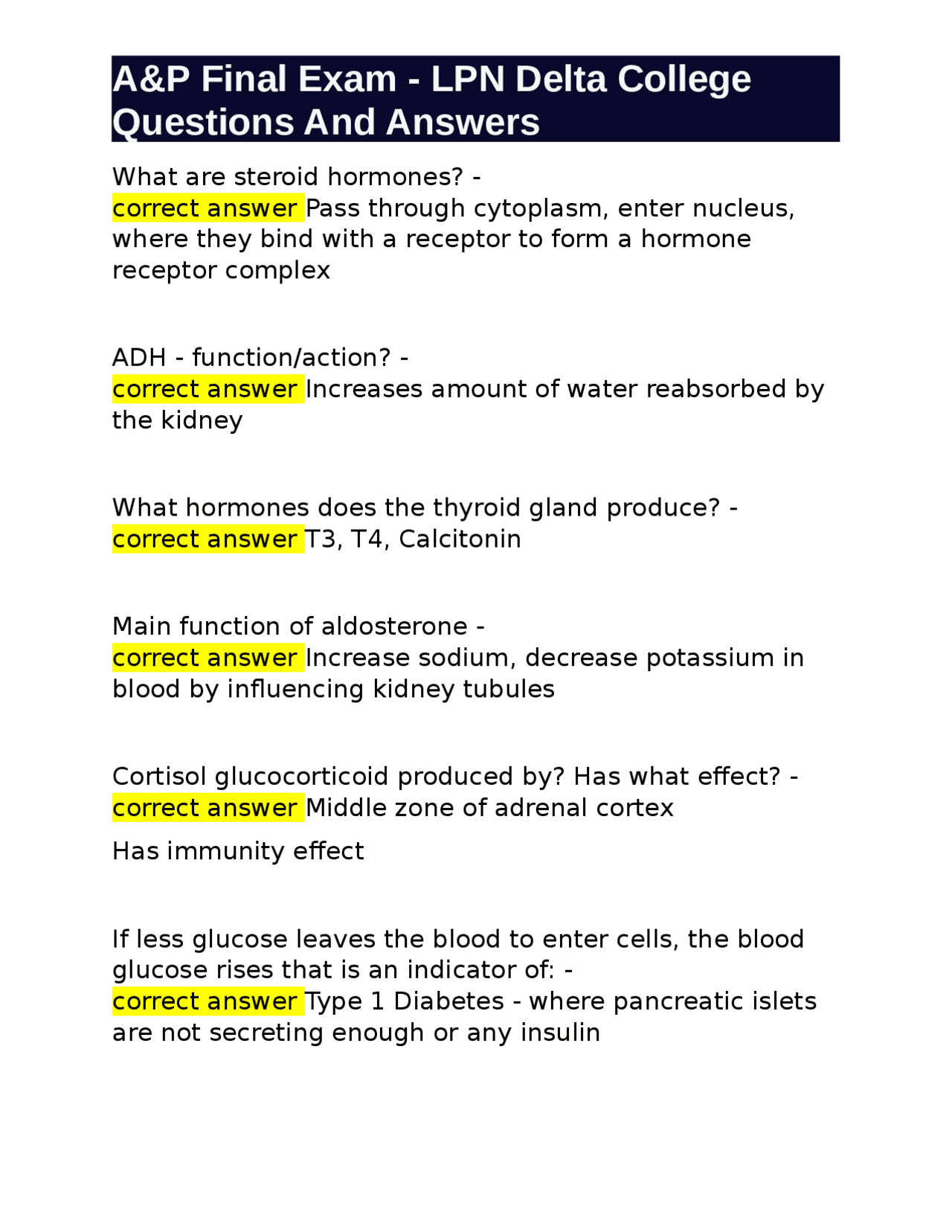 AP Final Exam Questions and Answers for LPN Students - Anatomy and ...
