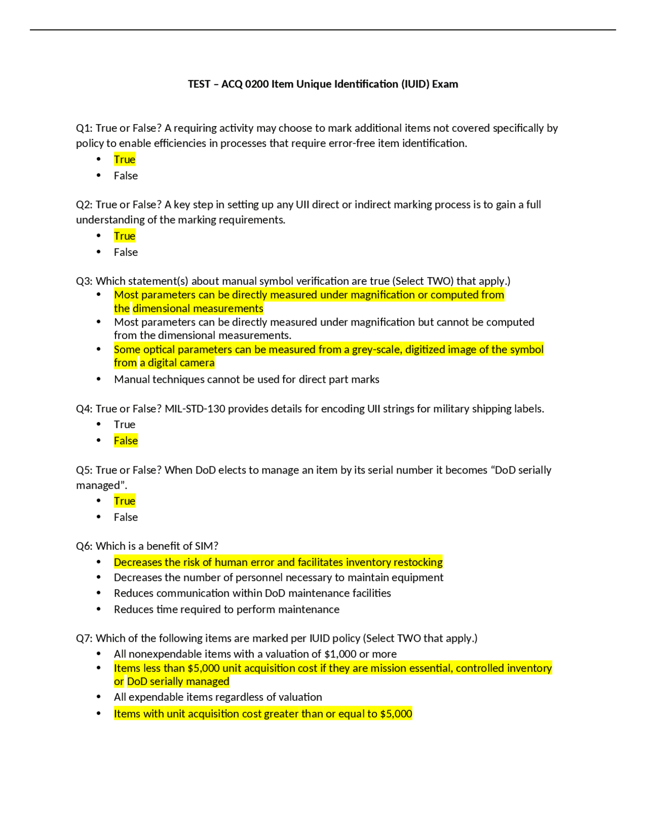Identification In Exam TEST ACQ 0200 Item Unique Identification (IUID) Exam Defense ...