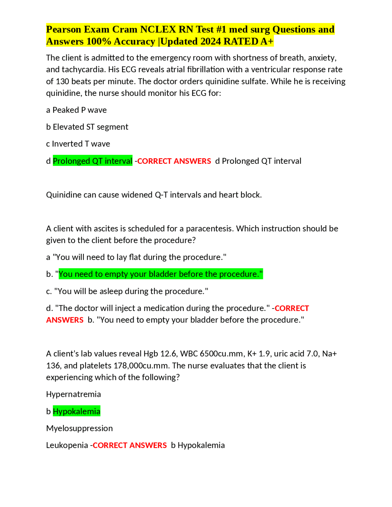 Pearson Exam Cram NCLEX RN Test 1 med surg Questions and Answers 100