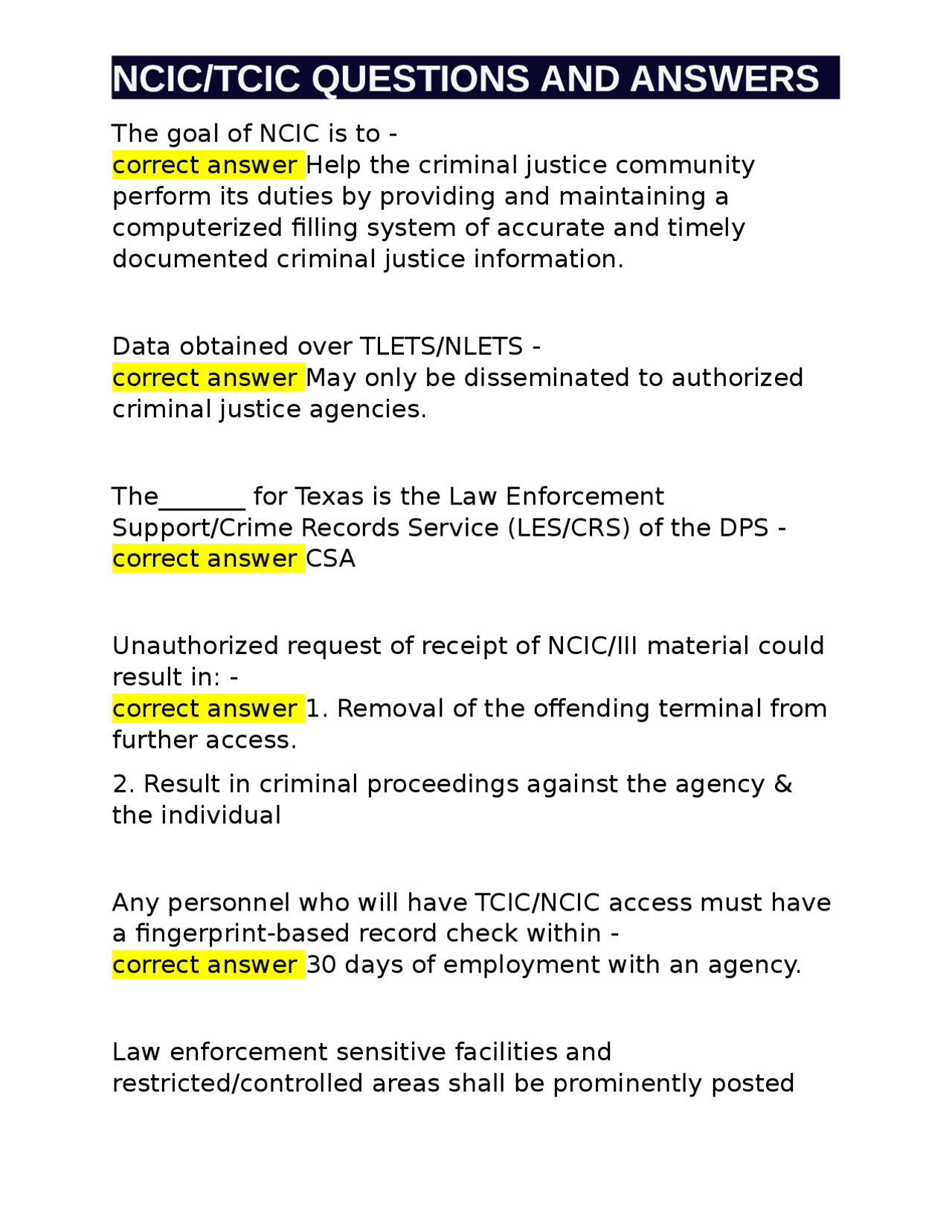 NCIC/TCIC QUESTIONS AND ANSWERS Exams Internet and Information Access