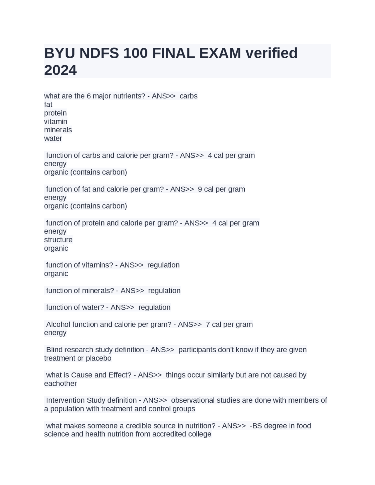 BYU NDFS 100 FINAL EXAM verified 2024. Exams Medicine Docsity