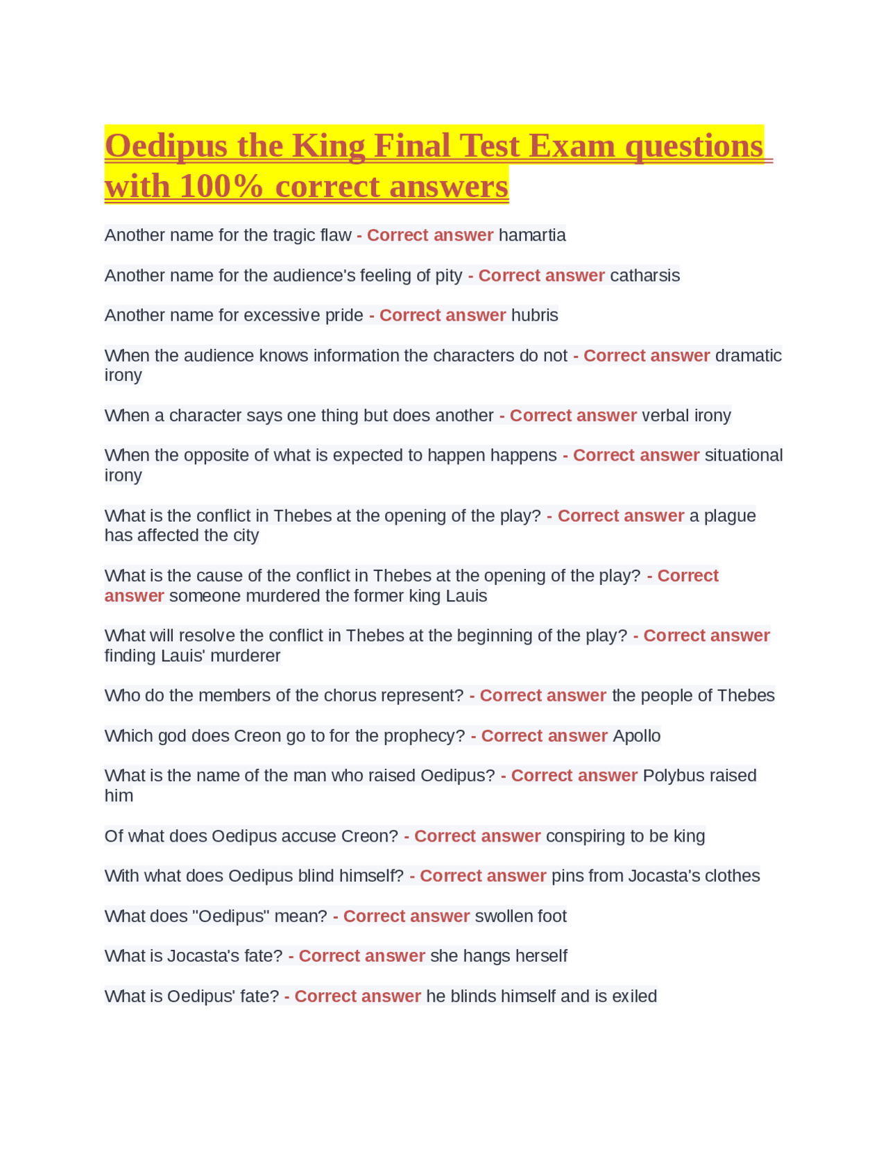 Oedipus the King Final Test Exam questions with 100 correct answers Exams Nursing Docsity