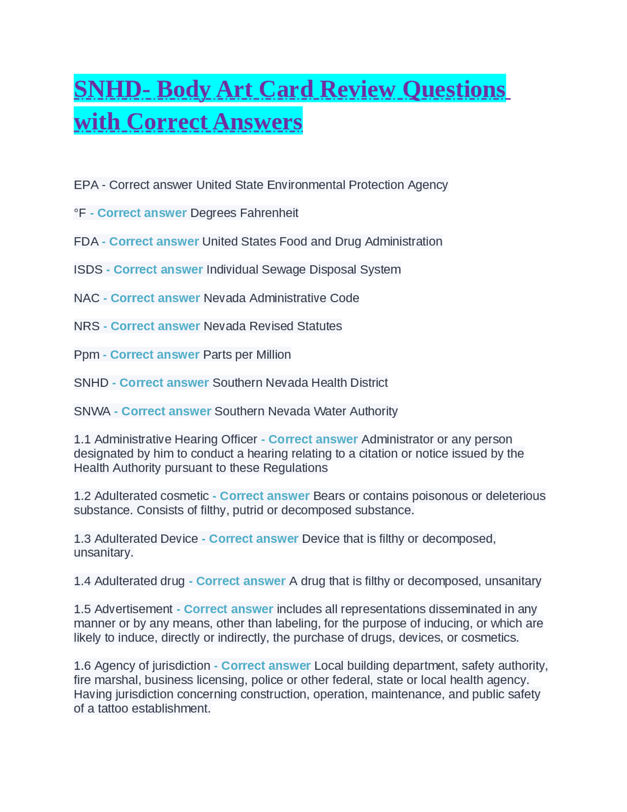 SNHD Body Art Card Review Questions with Correct Answers Exams