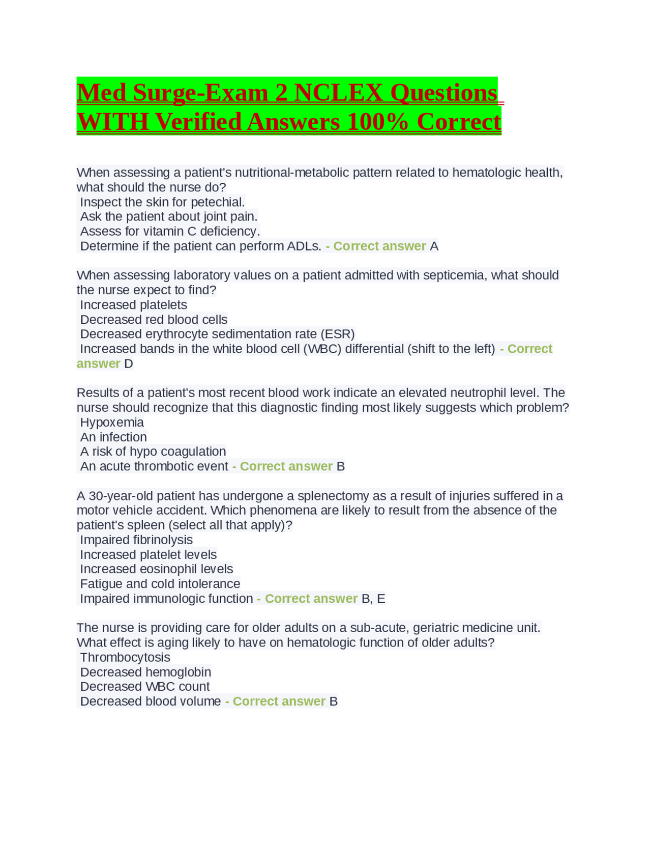 Med Surge-Exam 2 NCLEX Questions WITH Verified Answers 100% Correct ...